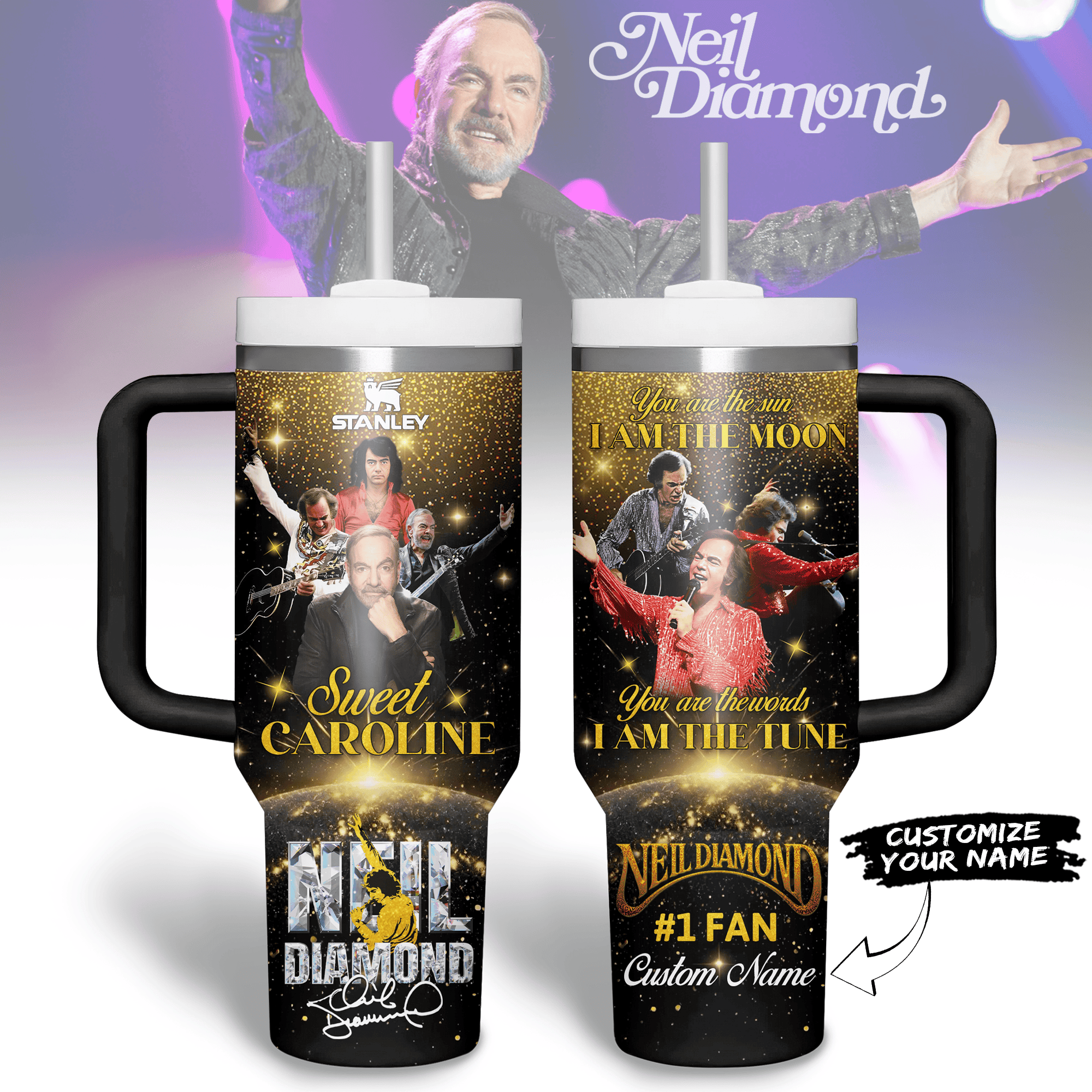 Hydratemerch Neil Diamond Music Custom Stanley Quencher 40oz Stainless Steel Tumbler With Handle