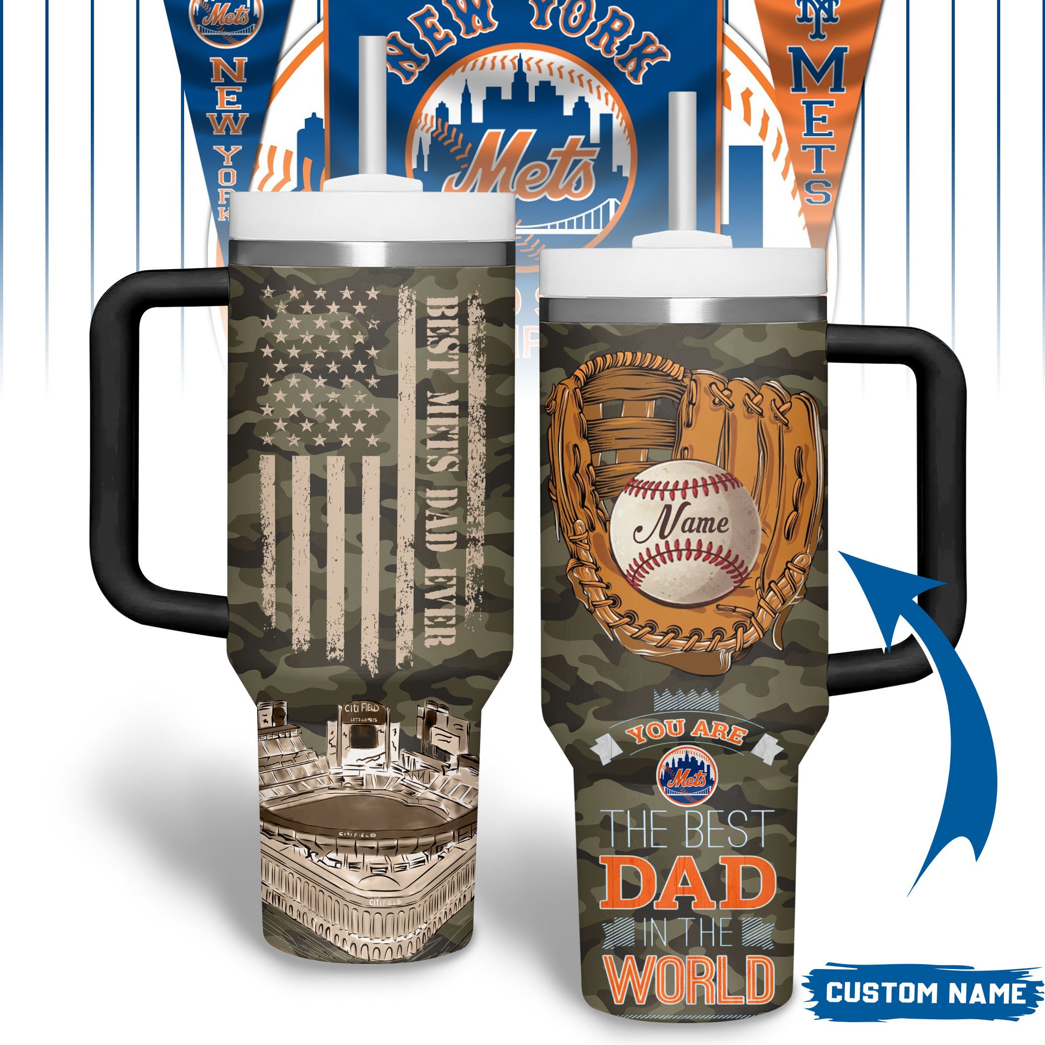 Hydratemerch New York Mets MLB Custom Stanley Quencher 40oz Stainless Steel Tumbler With Handle