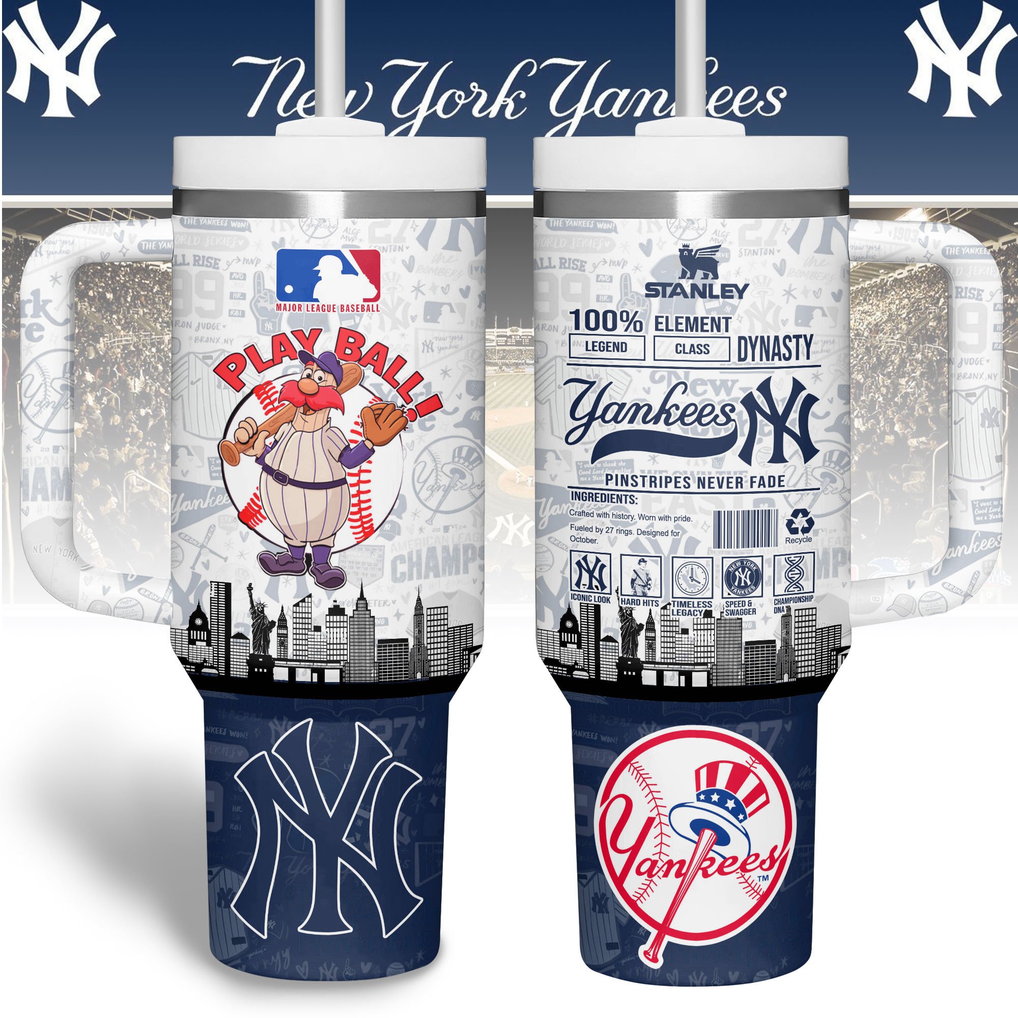 Hydratemerch New York Yankees MLB Custom Stanley Quencher 40oz Stainless Steel Tumbler With Handle