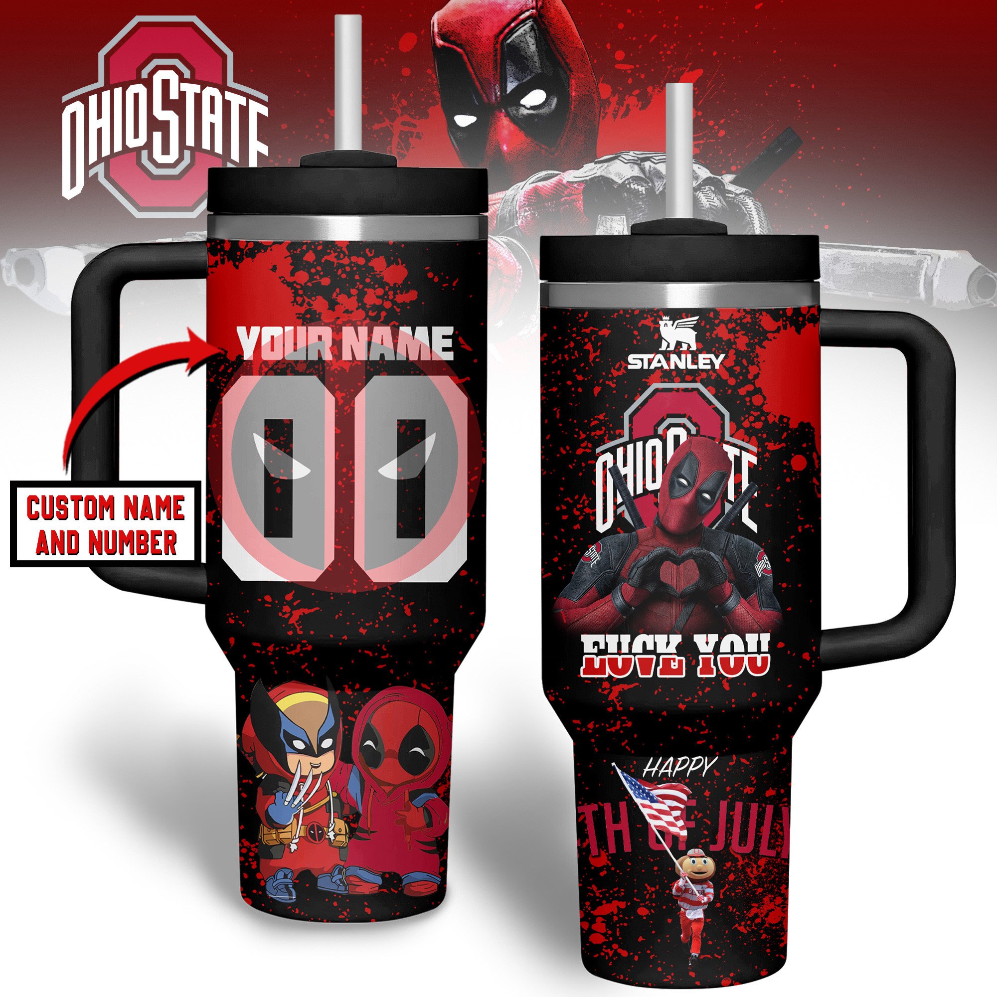 Hydratemerch Ohio State Buckeyes NCAA Custom Stanley Quencher 40oz Stainless Steel Tumbler With Handle
