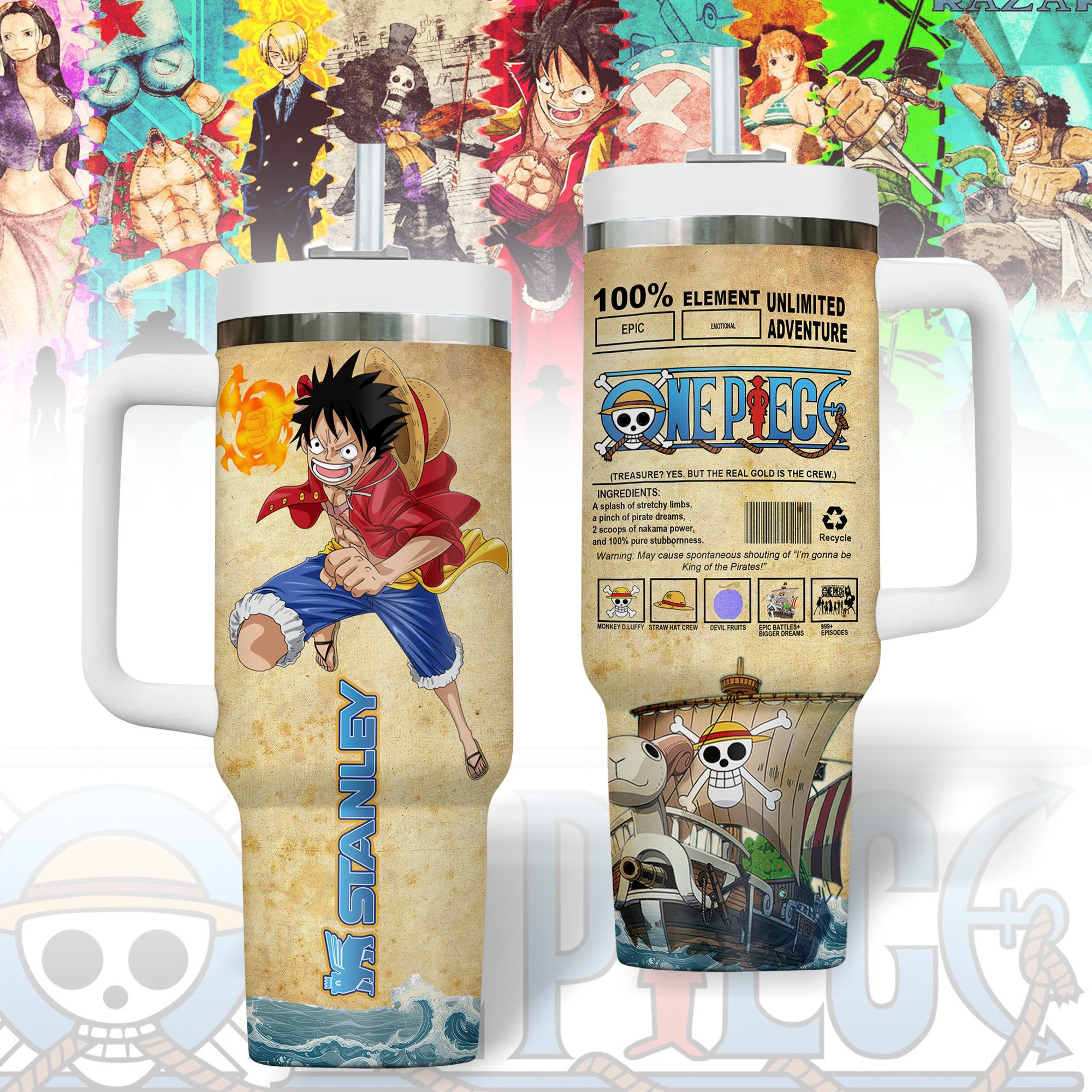 Hydratemerch One Piece Anime Custom Stanley Quencher 40oz Stainless Steel Tumbler With Handle