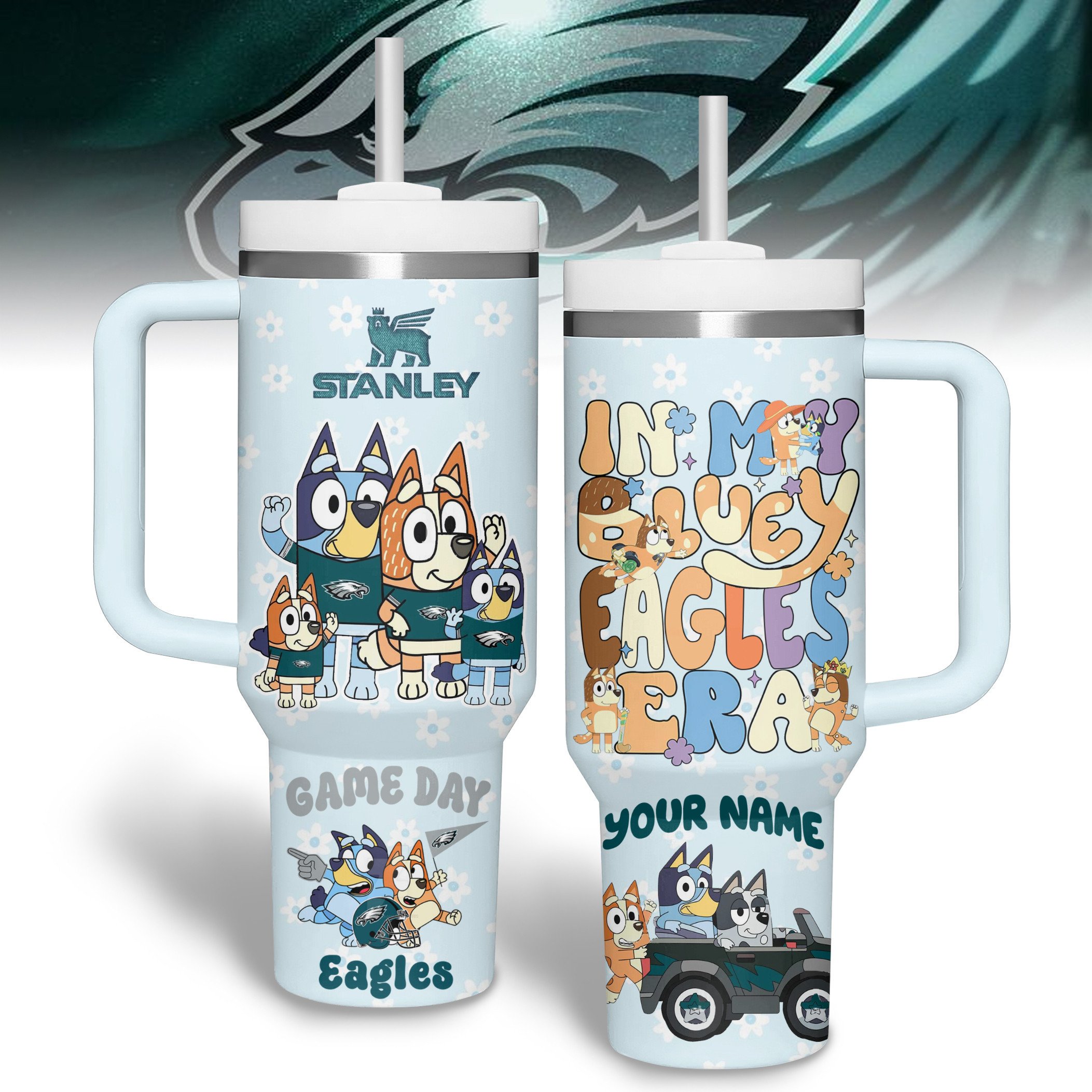 Hydratemerch Philadelphia Eagles x Bluey NFL Custom Stanley Quencher 40oz Stainless Steel Tumbler With Handle
