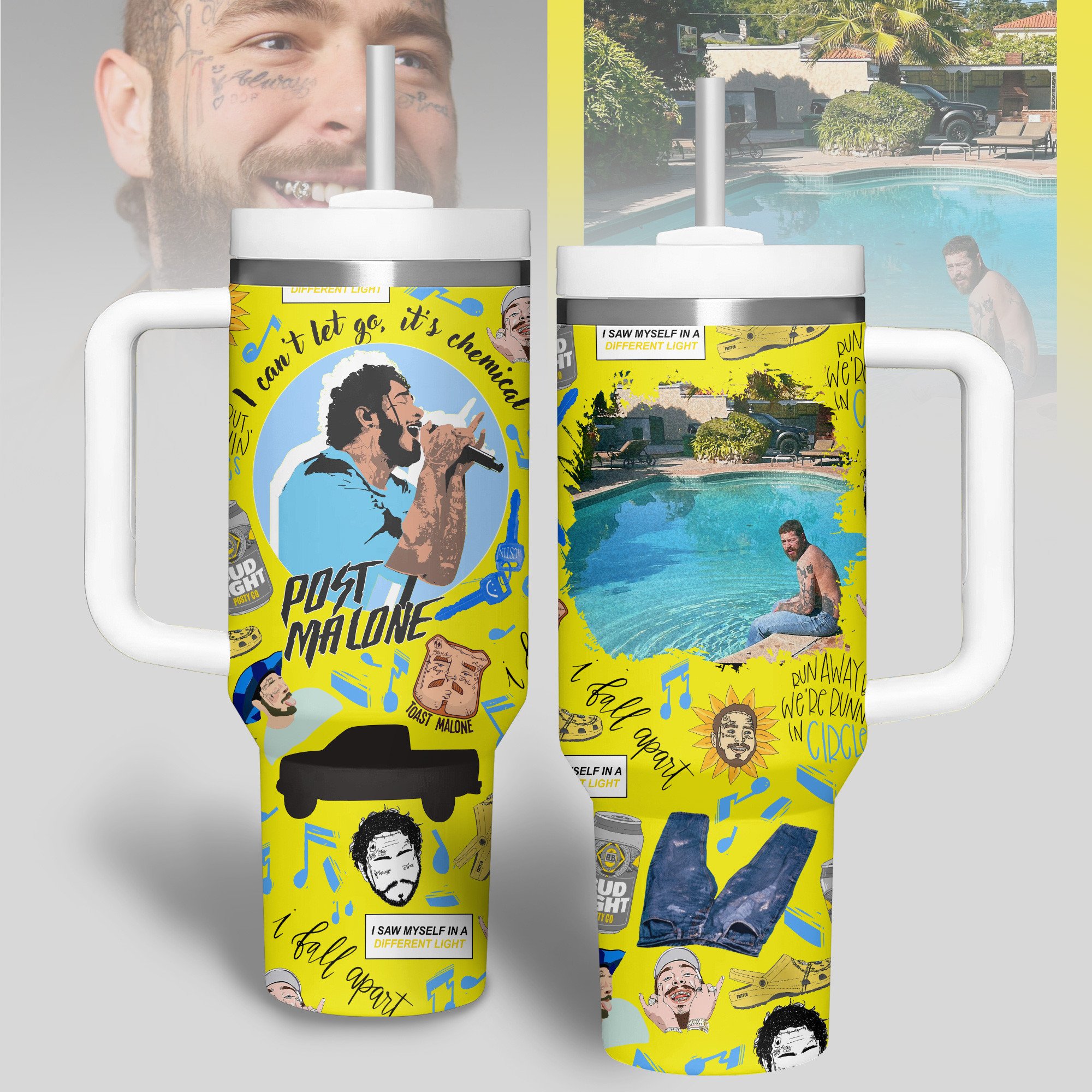 Hydratemerch Post Malone Music Custom Stanley Quencher 40oz Stainless Steel Tumbler With Handle