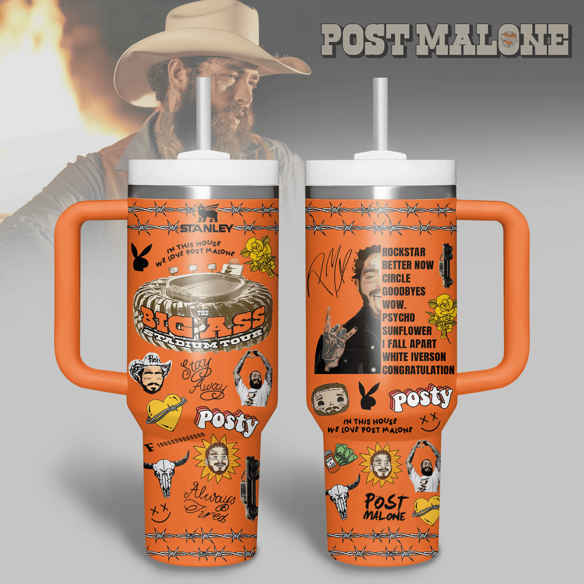 Hydratemerch Post Malone Music Custom Stanley Quencher 40oz Stainless Steel Tumbler With Handle