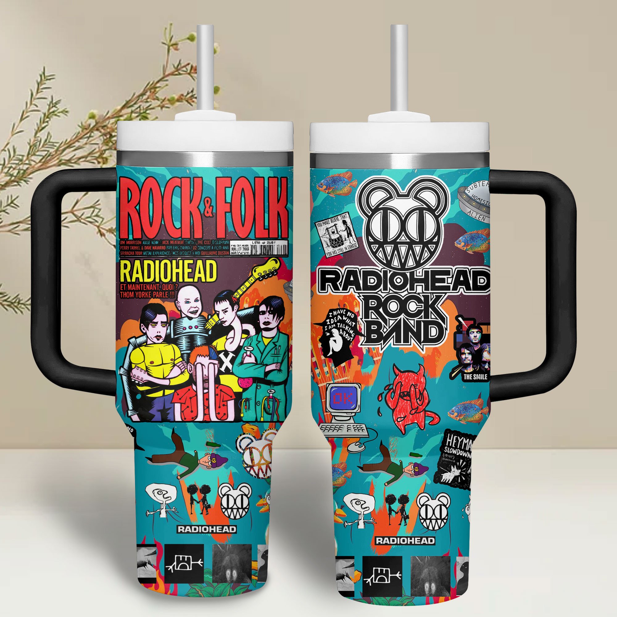 Hydratemerch Radiohead Music Custom Stanley Quencher 40oz Stainless Steel Tumbler With Handle