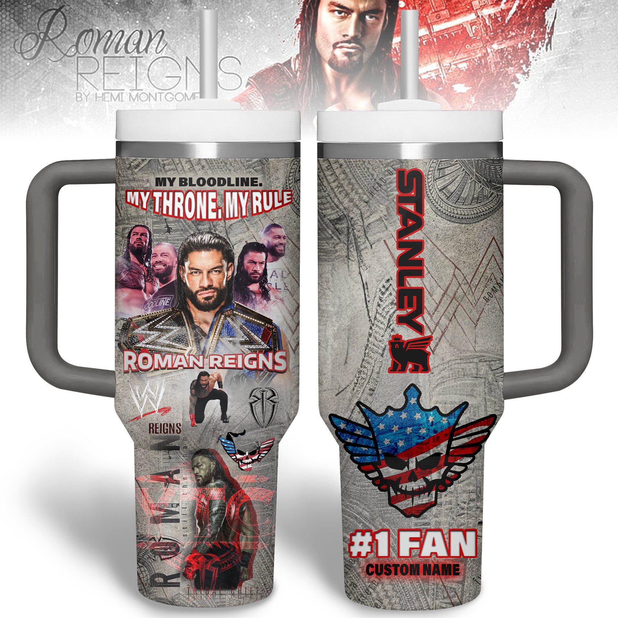Hydratemerch Roman Reigns Sports Custom Stanley Quencher 40oz Stainless Steel Tumbler With Handle