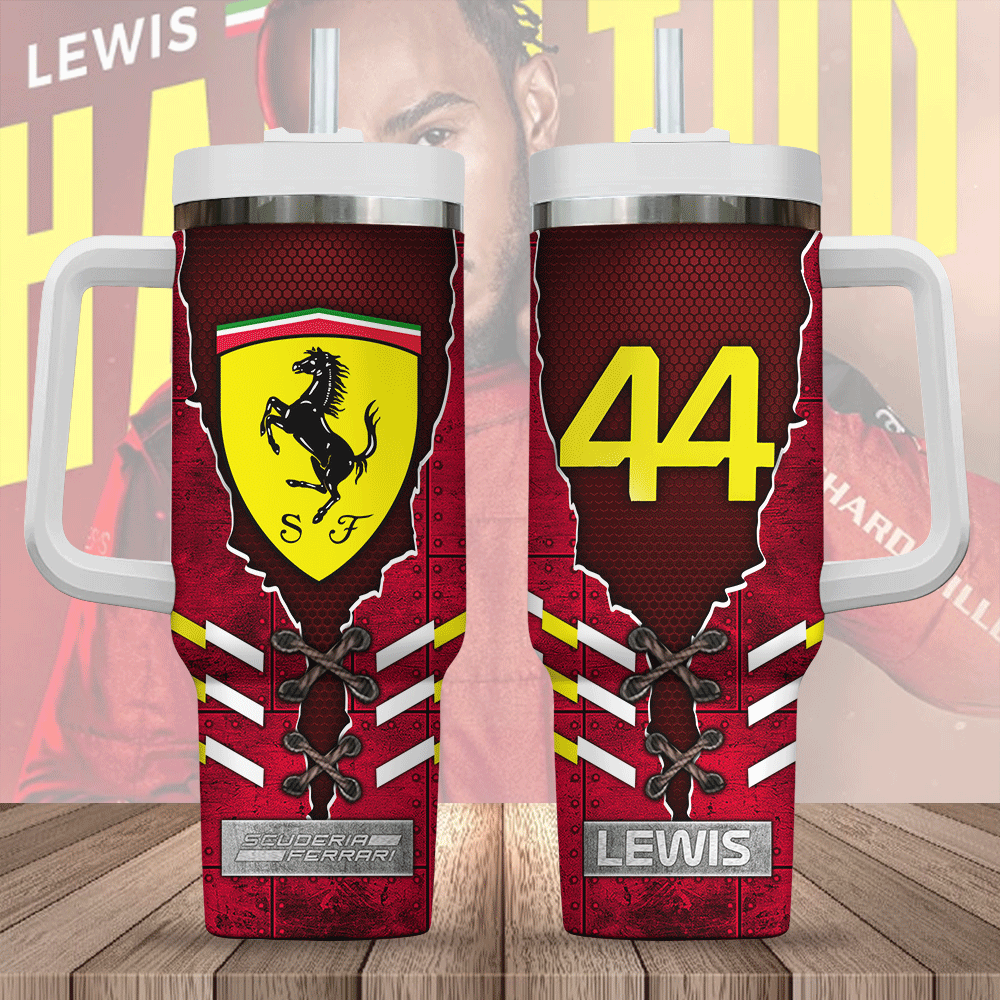 Hydratemerch Scuderia Ferrari x Lewis Hamilton Sports Custom Stanley Quencher 40oz Stainless Steel Tumbler With Handle