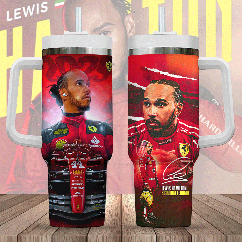 Hydratemerch Scuderia Ferrari x Lewis Hamilton Sports Custom Stanley Quencher 40oz Stainless Steel Tumbler With Handle