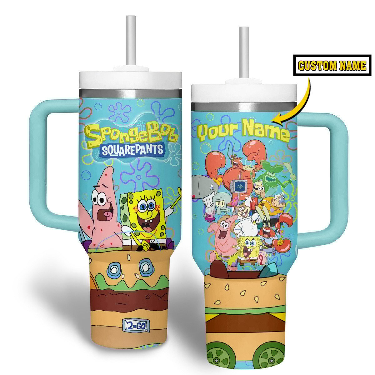 Hydratemerch SpongeBob SquarePants Cartoon Custom Stanley Quencher 40oz Stainless Steel Tumbler With Handle