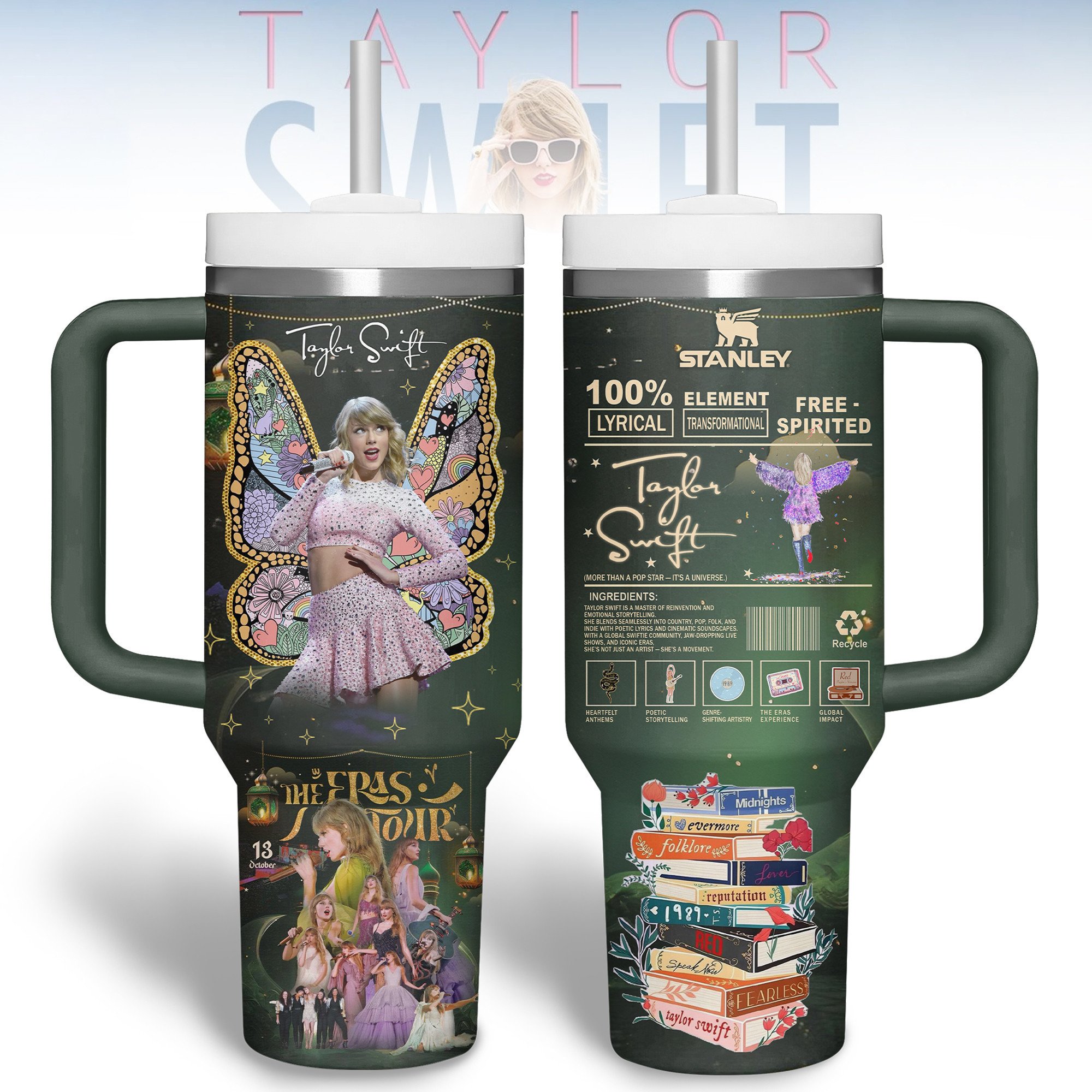 Hydratemerch Taylor Swift Music Custom Stanley Quencher 40oz Stainless Steel Tumbler With Handle