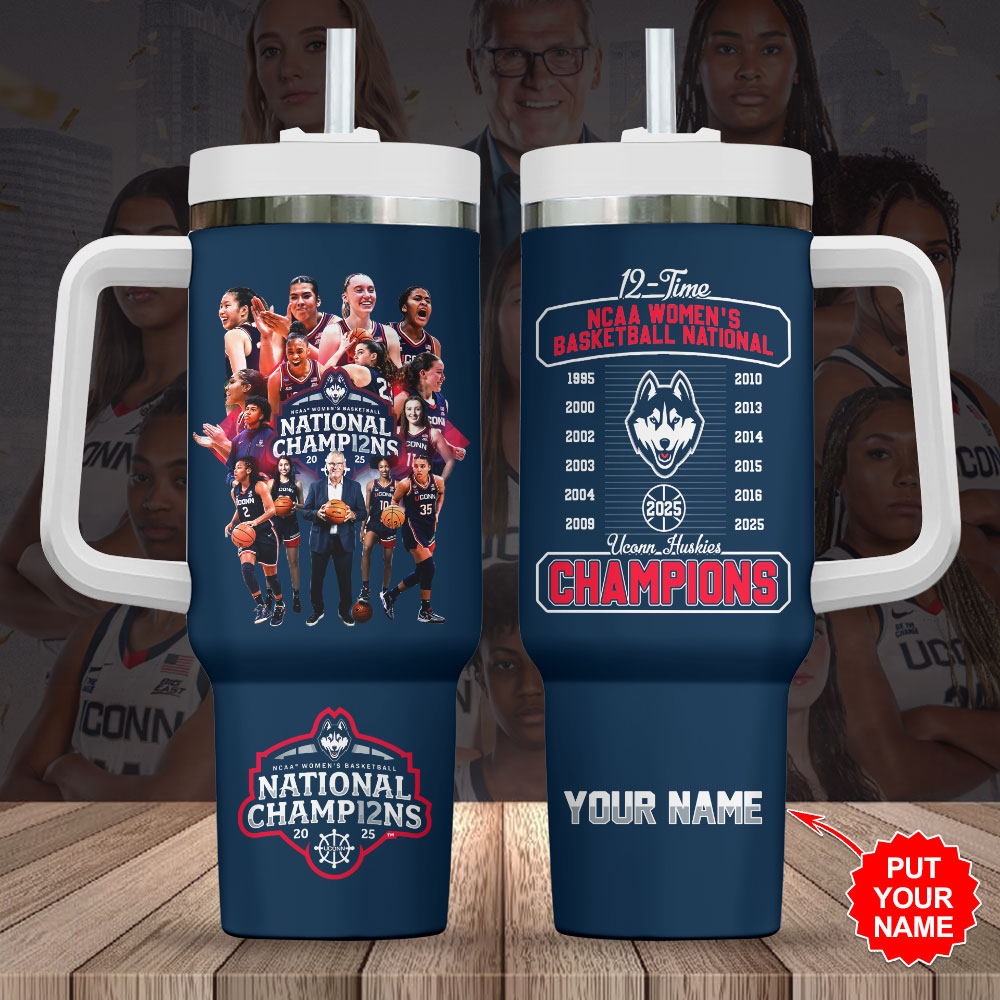 Hydratemerch UConn Huskies NCAA Women's Basketball Sports Custom Stanley Quencher 40oz Stainless Steel Tumbler With Handle