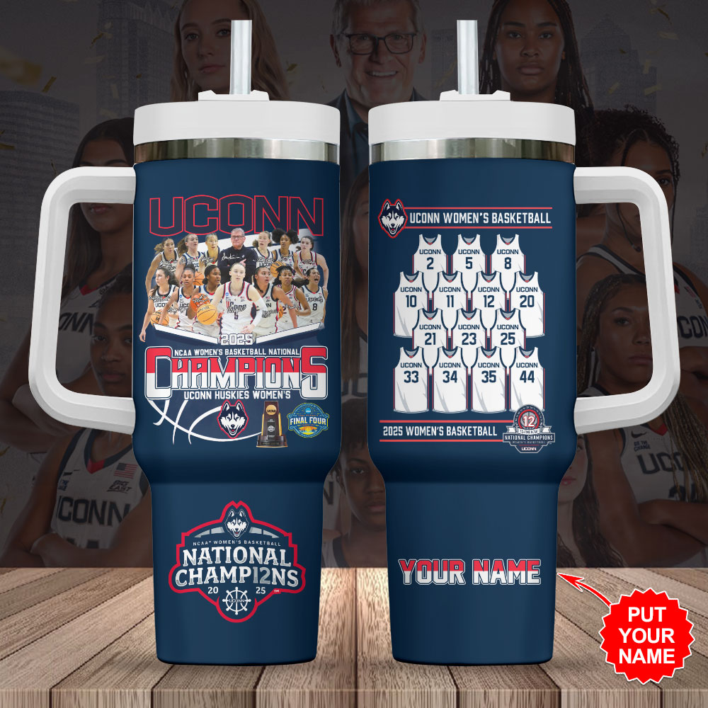Hydratemerch UConn Huskies NCAA Women's Basketball Sports Custom Stanley Quencher 40oz Stainless Steel Tumbler With Handle