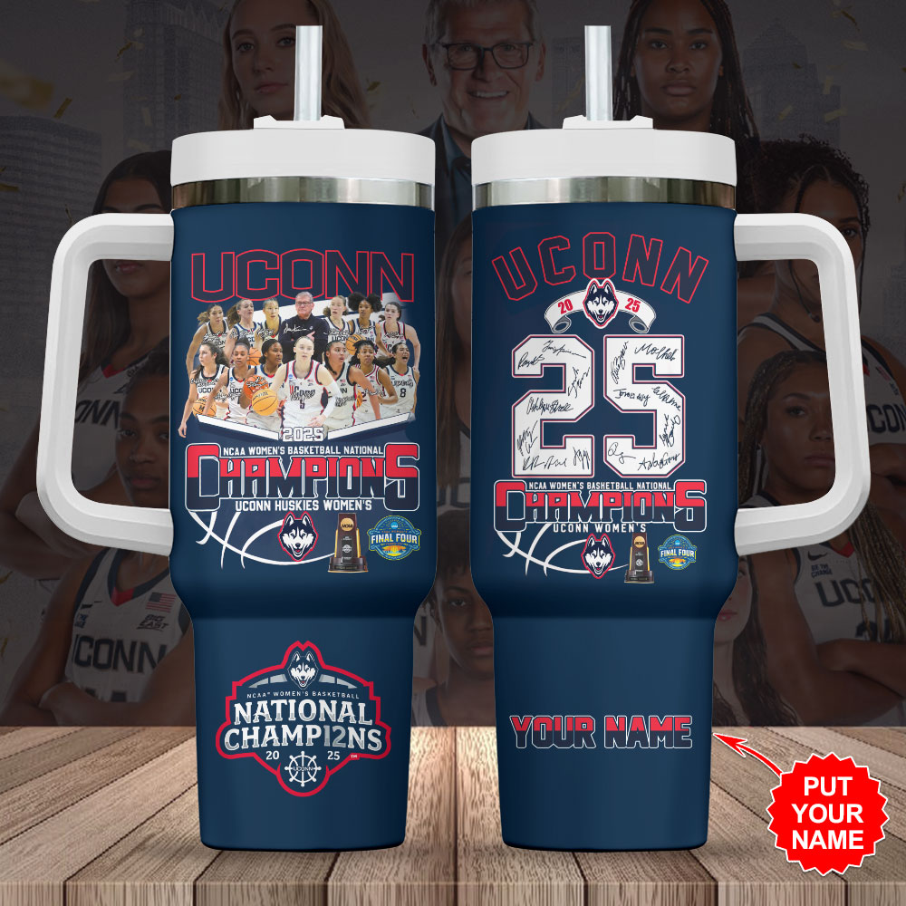 Hydratemerch UConn Huskies NCAA Women's Basketball Sports Custom Stanley Quencher 40oz Stainless Steel Tumbler With Handle