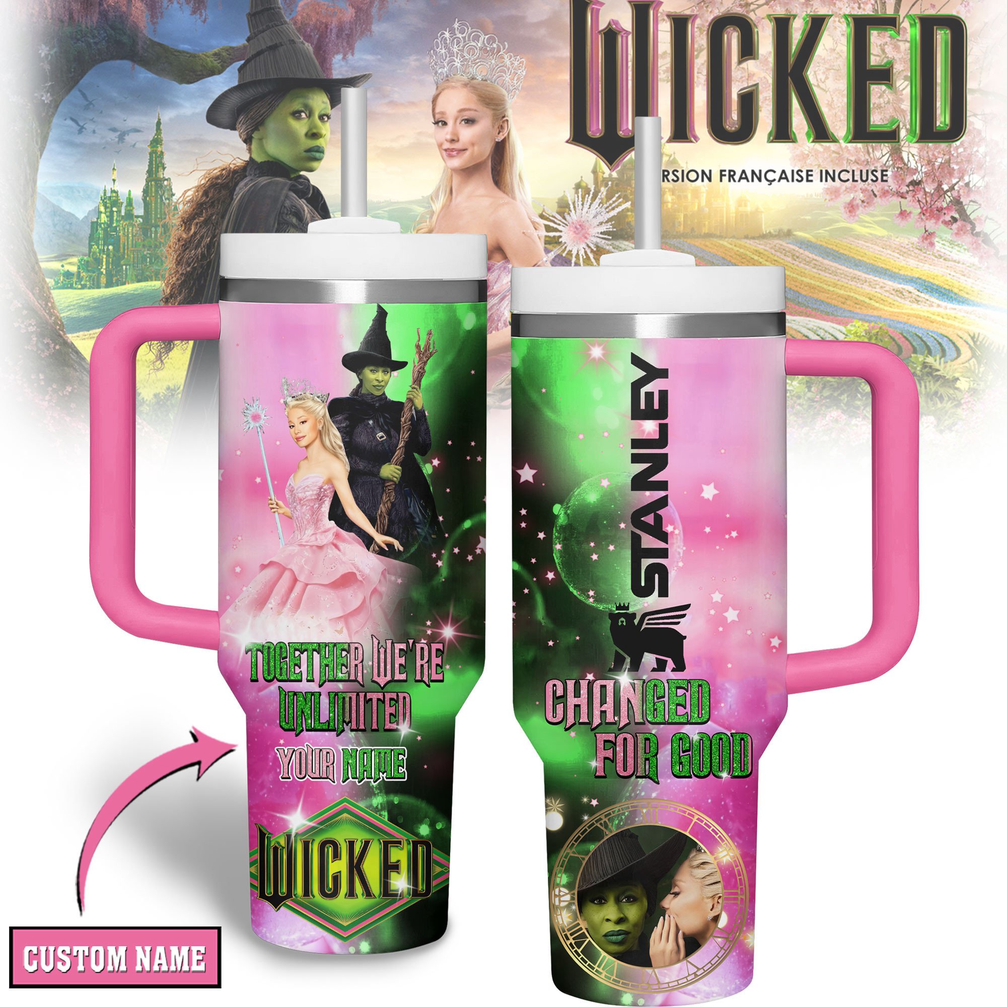Hydratemerch Wicked Movies Custom Stanley Quencher 40oz Stainless Steel Tumbler With Handle