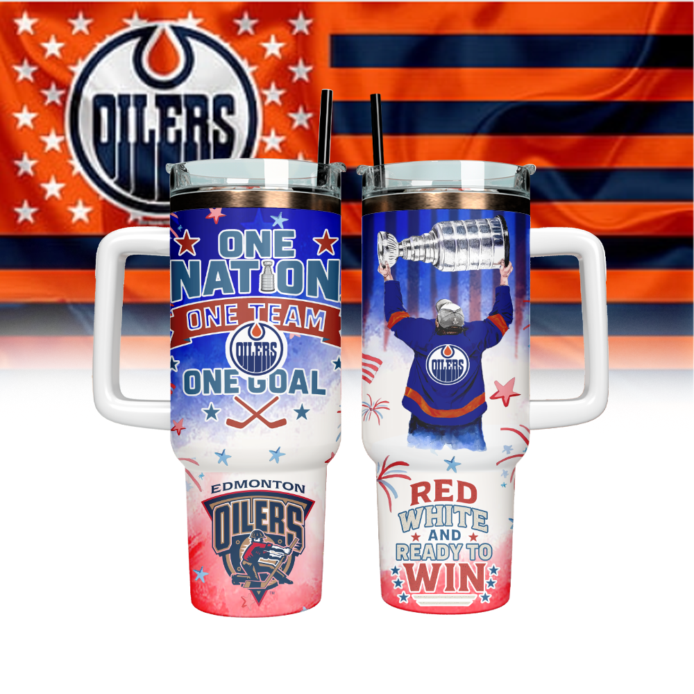 Hydratemerch Edmonton Oilers NHL x Independence Day Custom Stanley Quencher 40oz Stainless Steel Tumbler With Handle