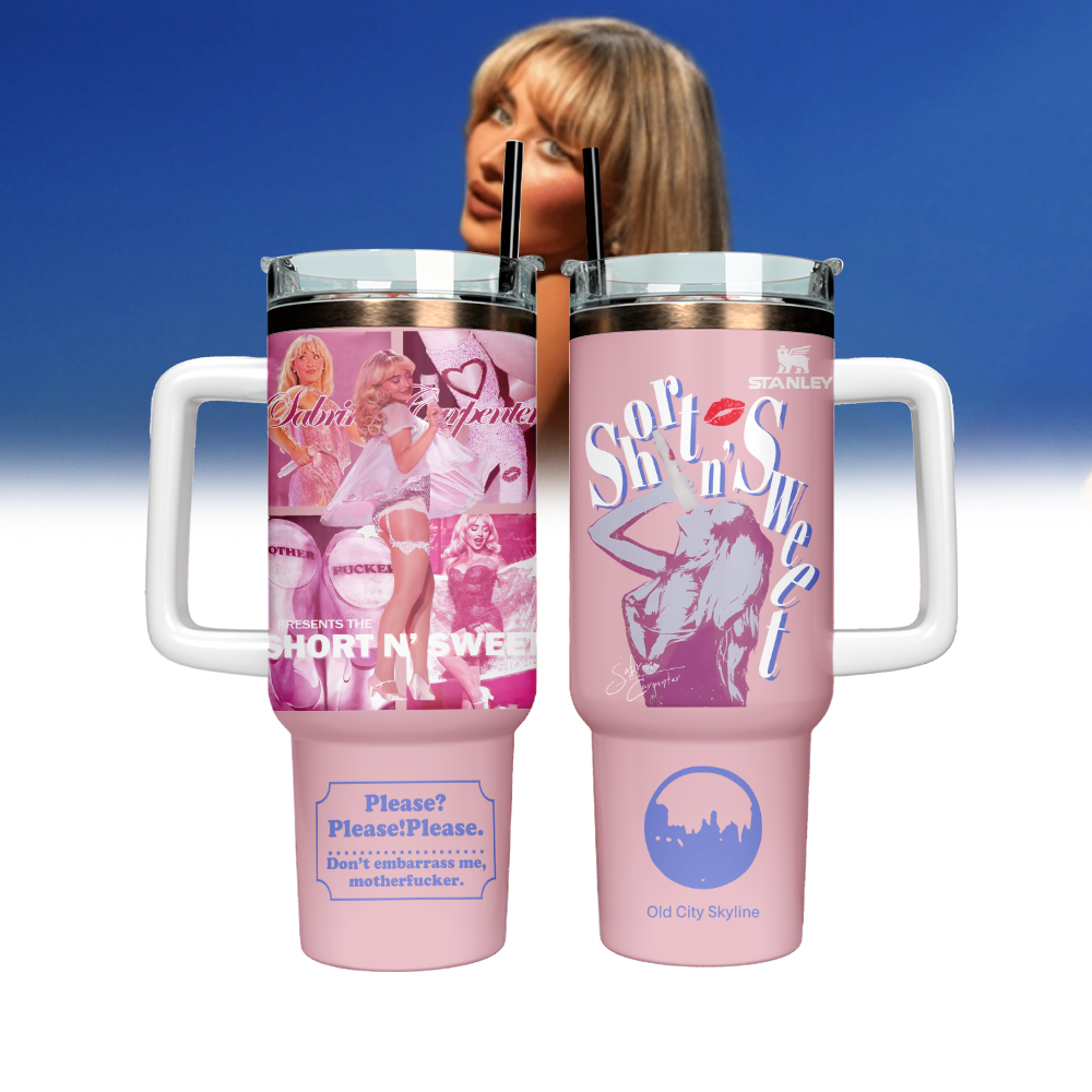 Hydratemerch Sabrina Carpenter x Short n’ Sweet Music Custom Stanley Quencher 40oz Stainless Steel Tumbler With Handle