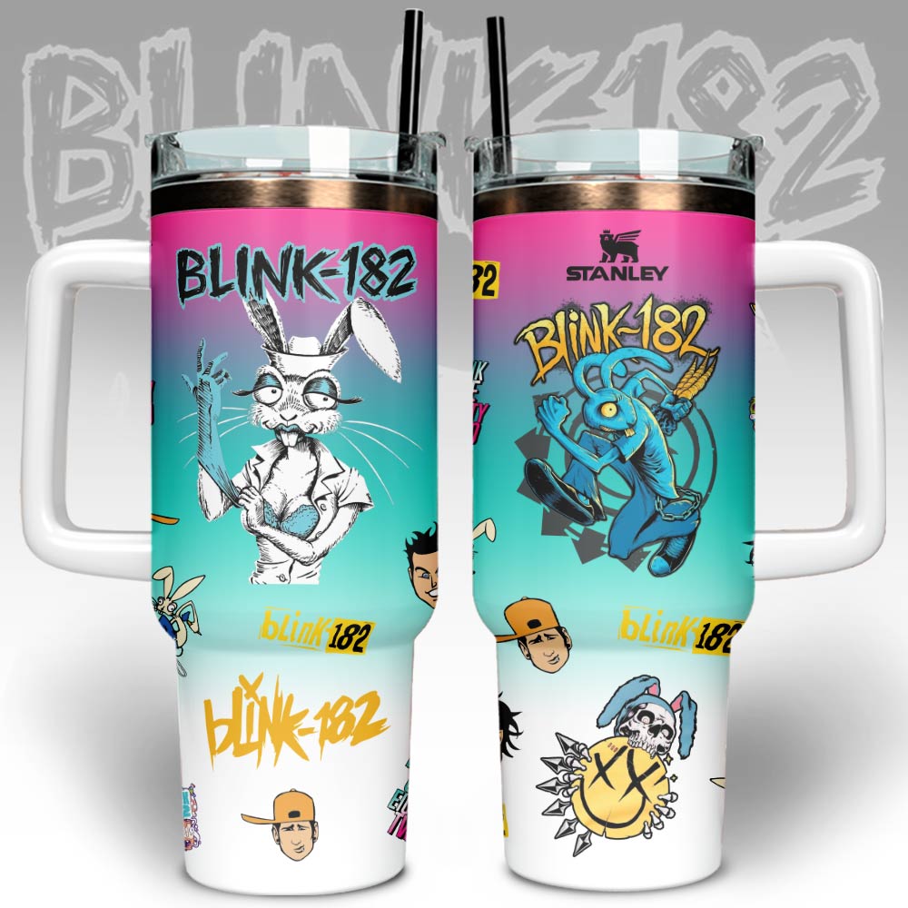 Hydratemerch Blink-182 Band Music Custom Stanley Quencher 40oz Stainless Steel Tumbler With Handle