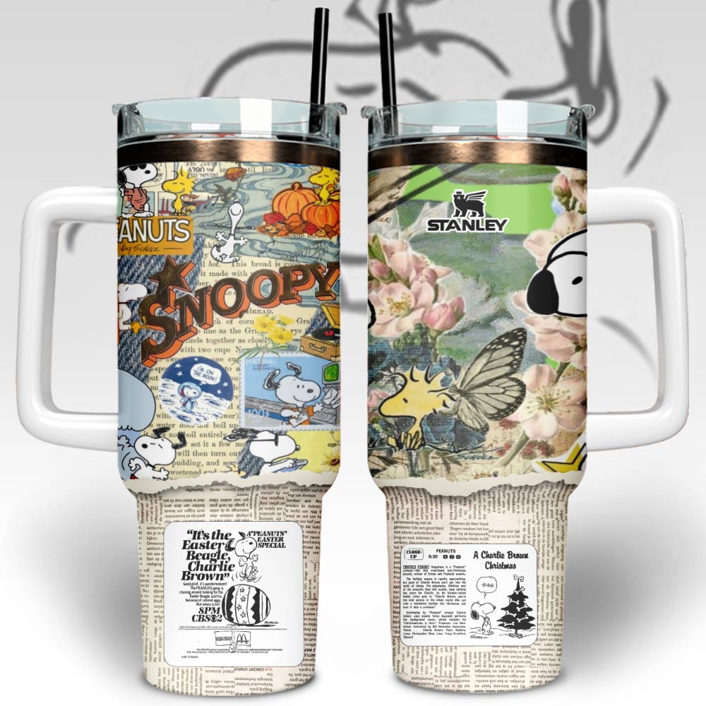 Hydratemerch Snoopy Cartoon Custom Stanley Quencher 40oz Stainless Steel Tumbler With Handle