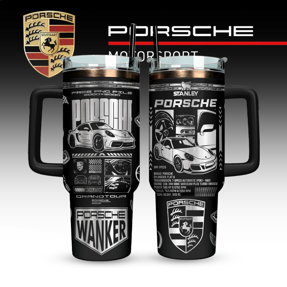 Hydratemerch Porsche Custom Stanley Quencher 40oz Stainless Steel Tumbler With Handle