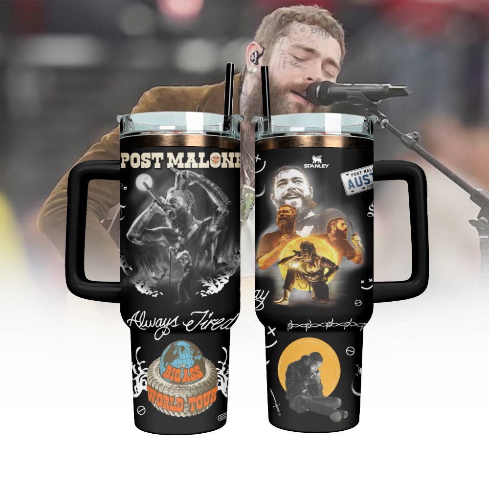 Hydratemerch Post Malone Music Custom Stanley Quencher 40oz Stainless Steel Tumbler With Handle