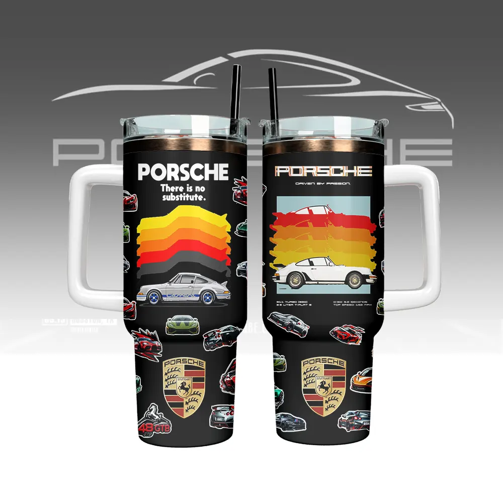Hydratemerch Porsche Custom Stanley Quencher 40oz Stainless Steel Tumbler With Handle