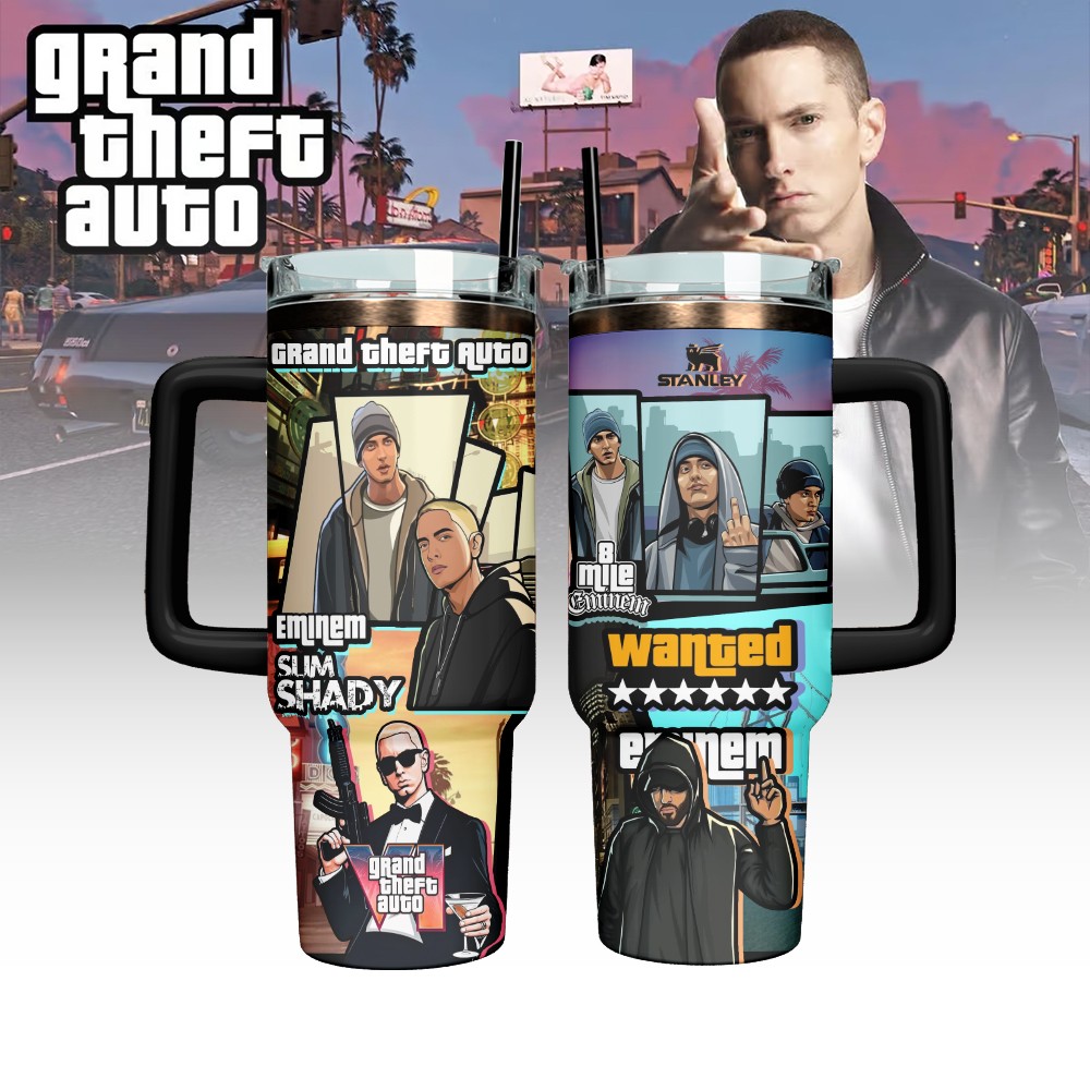 Hydratemerch Eminem x Grand Theft Auto Advance Music Custom Stanley Quencher 40oz Stainless Steel Tumbler With Handle