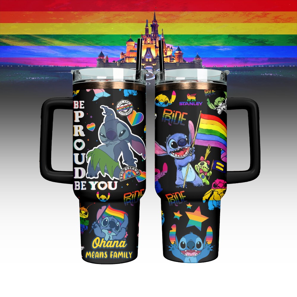 Hydratemerch Lilo & Stitch x Pride Month Cartoon Custom Stanley Quencher 40oz Stainless Steel Tumbler With Handle