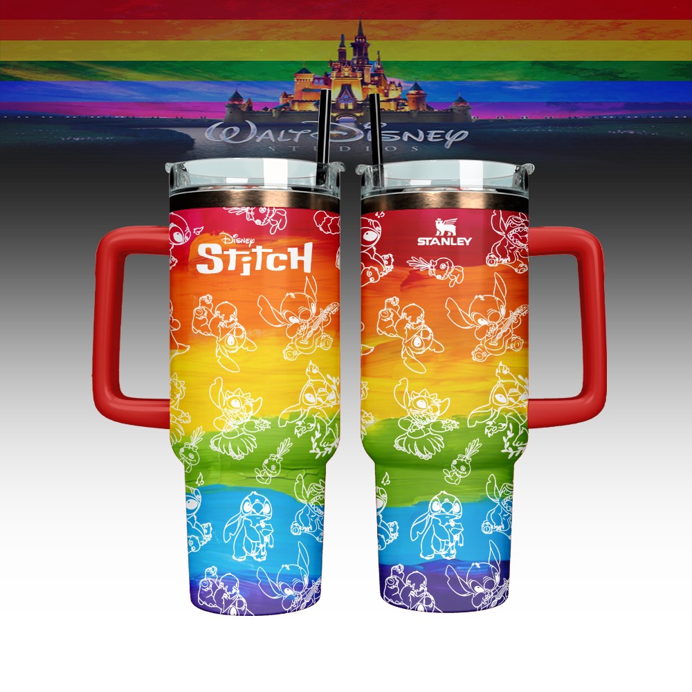 Hydratemerch Lilo And Stitch x Pride Month Cartoon Custom Stanley Quencher 40oz Stainless Steel Tumbler With Handle