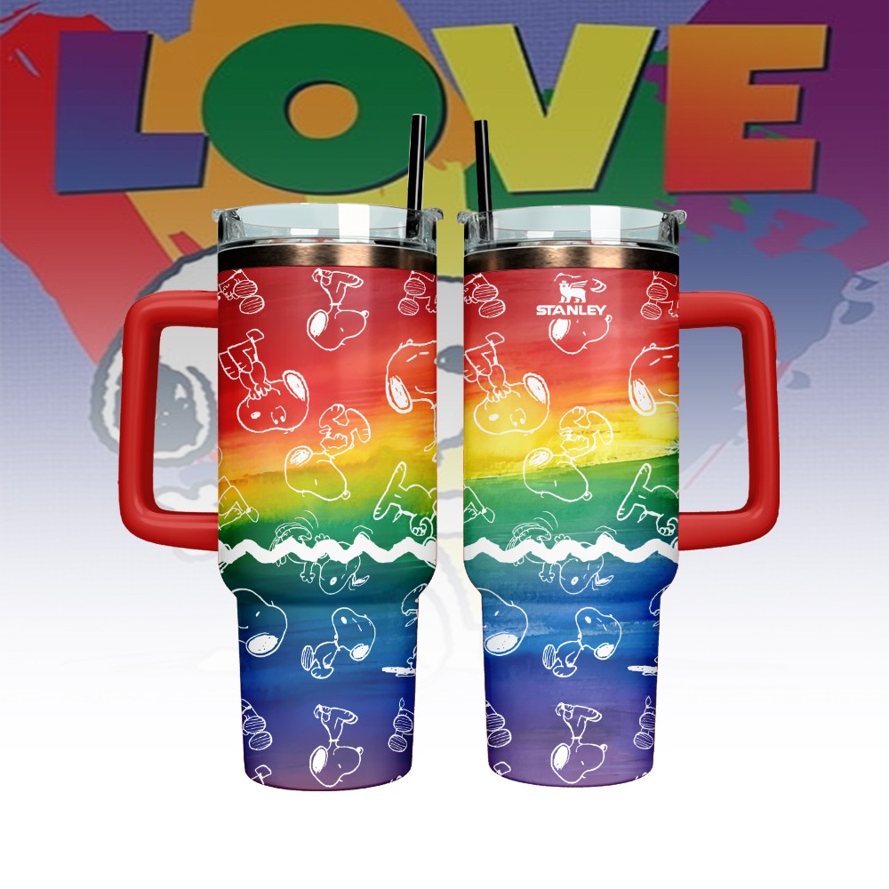 Hydratemerch Snoopy x Pride Month Cartoon Custom Stanley Quencher 40oz Stainless Steel Tumbler With Handle