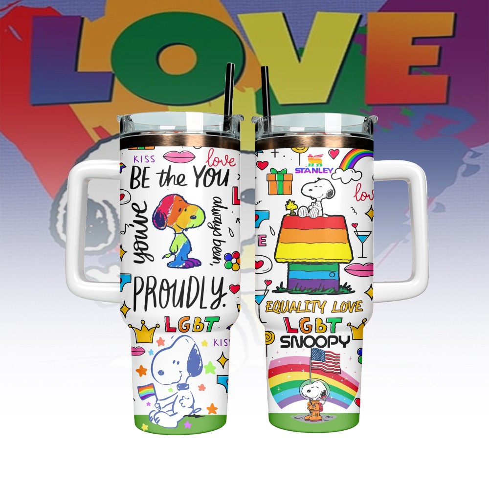 Hydratemerch Snoopy x Pride Month Cartoon Custom Stanley Quencher 40oz Stainless Steel Tumbler With Handle