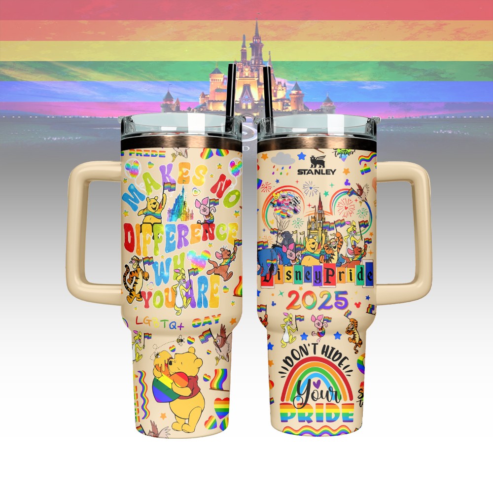 Hydratemerch Winnie The Pooh x Pride Month Cartoon Custom Stanley Quencher 40oz Stainless Steel Tumbler With Handle