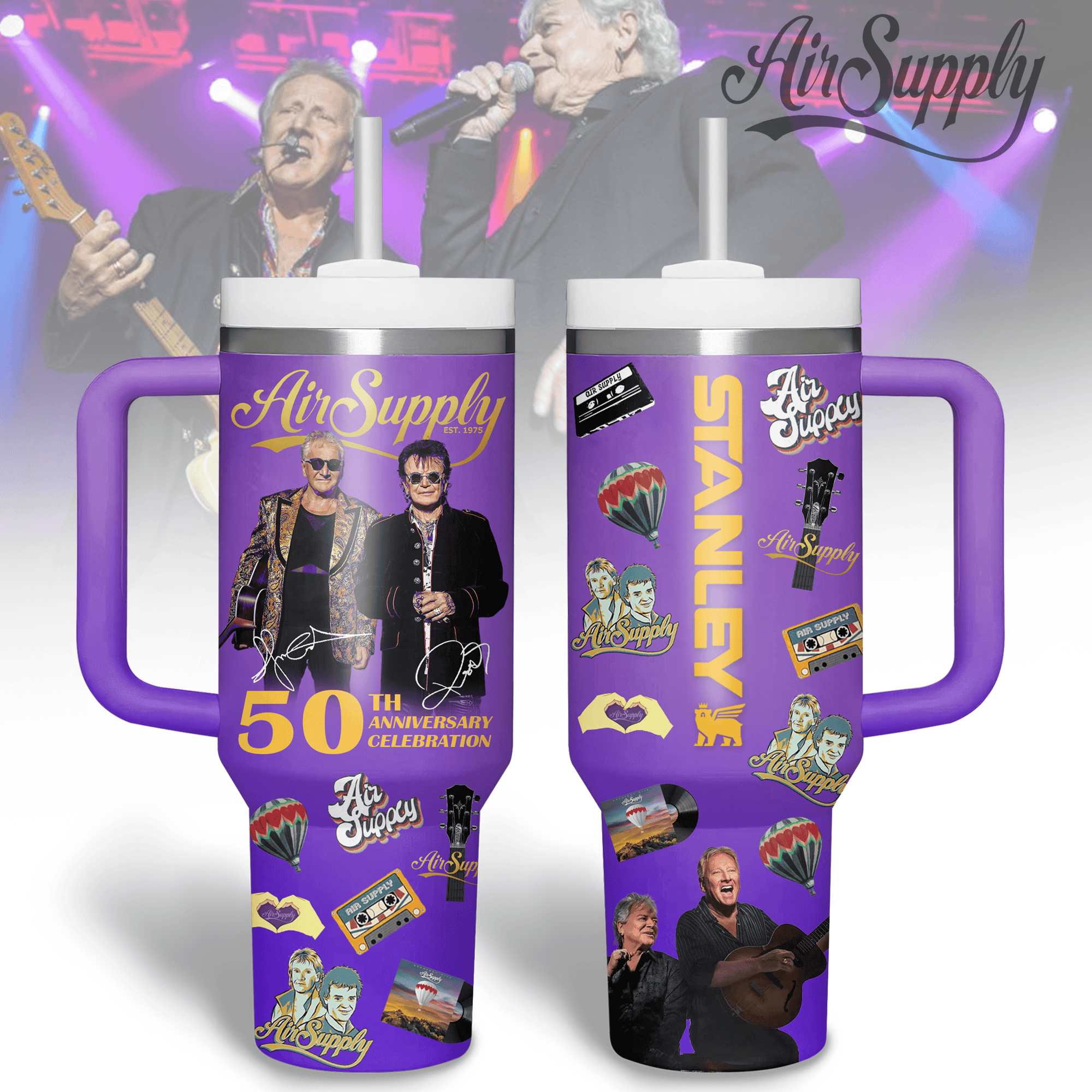 Hydratemerch Air Supply Music Custom Stanley Quencher 40oz Stainless Steel Tumbler With Handle