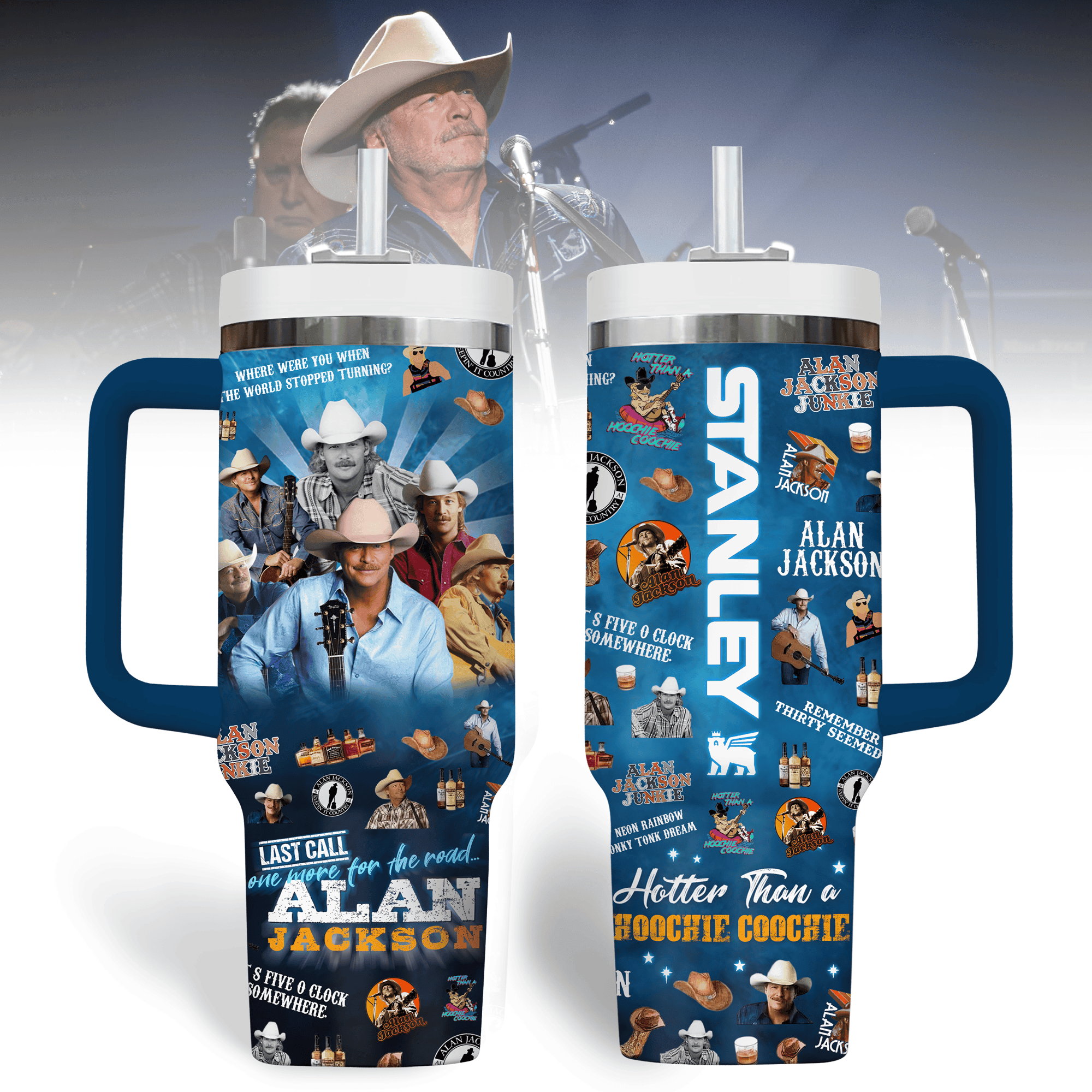 Hydratemerch Alan Jackson Music Custom Stanley Quencher 40oz Stainless Steel Tumbler With Handle