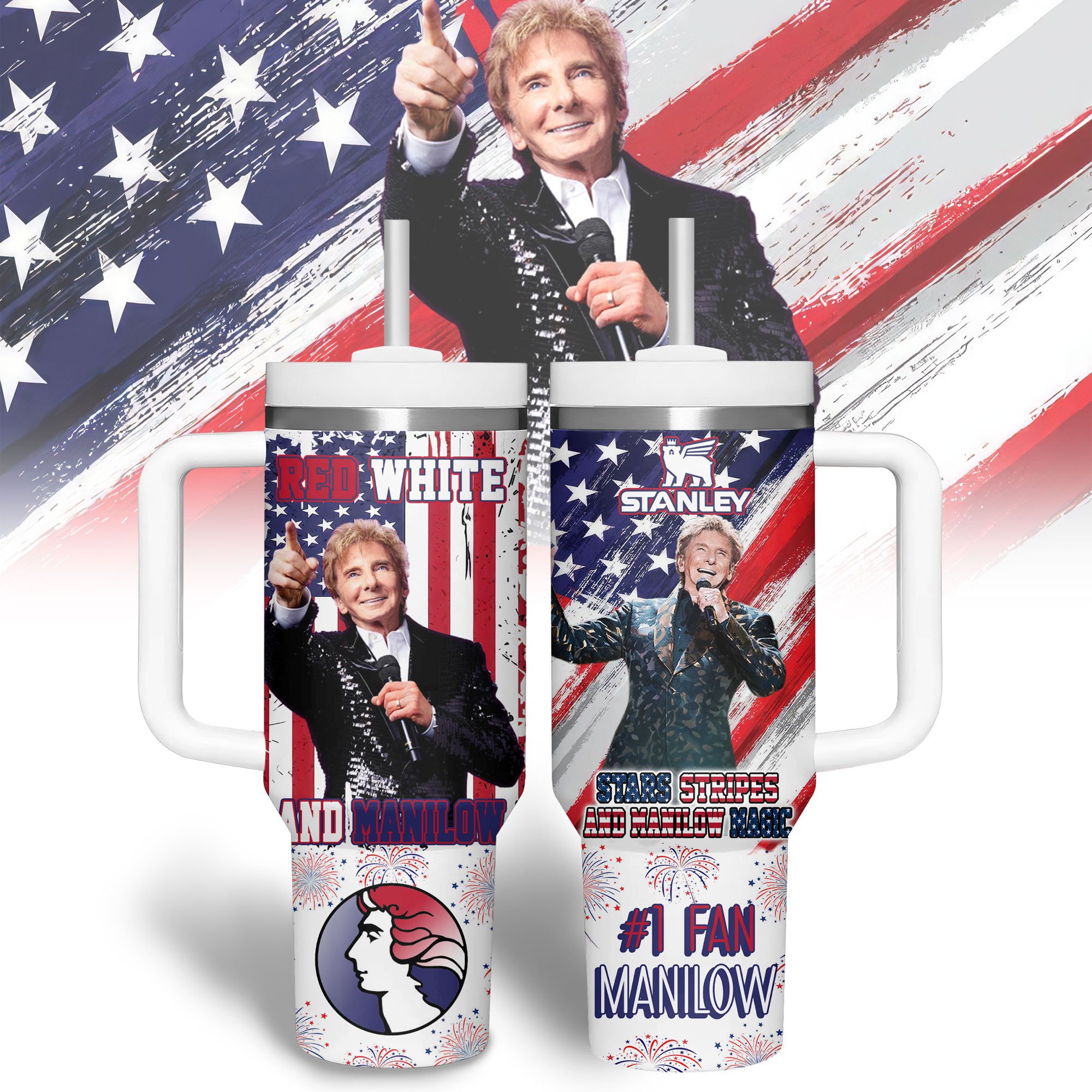 Hydratemerch Barry Manilow Music Custom Stanley Quencher 40oz Stainless Steel Tumbler With Handle