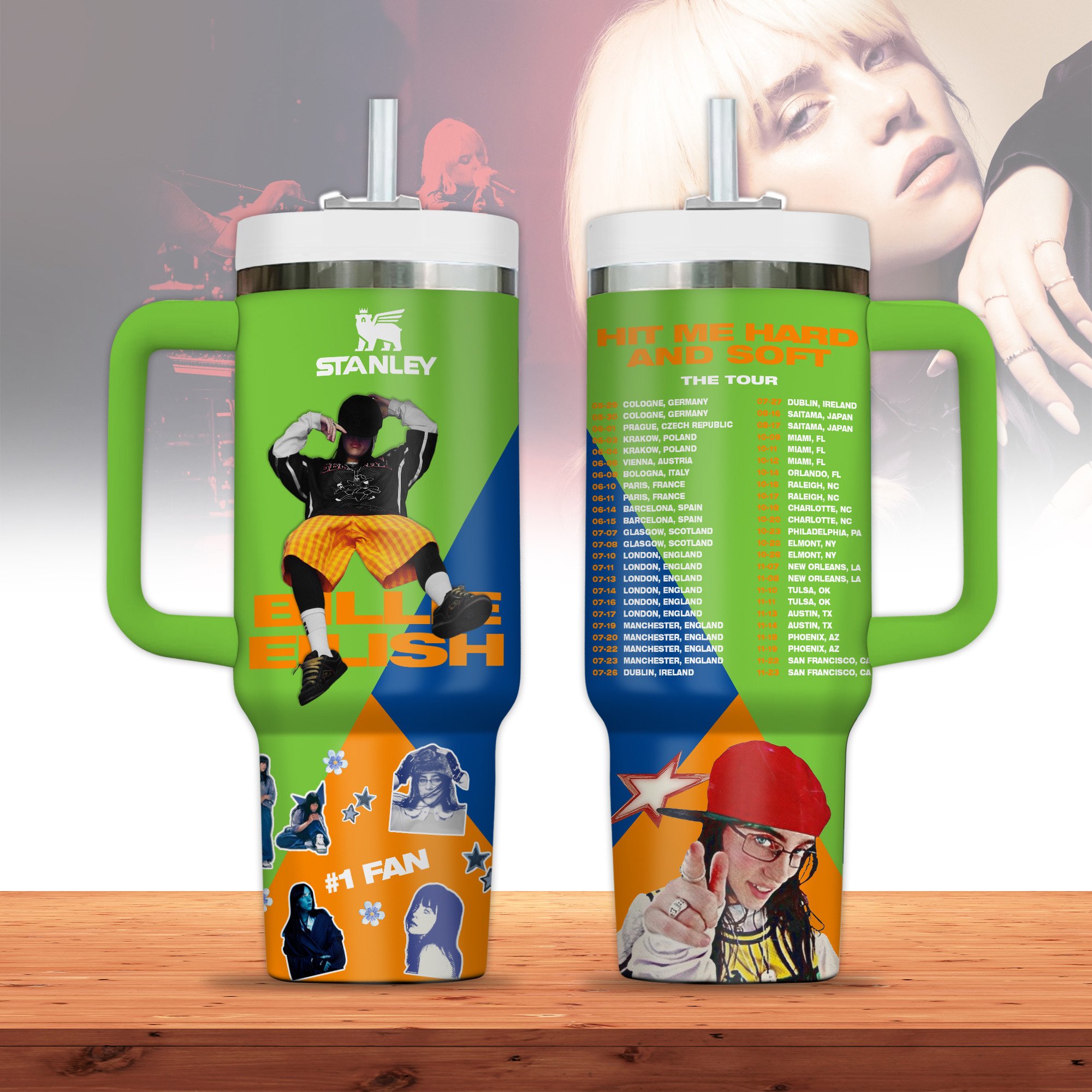 Hydratemerch Billie Eilish Music Custom Stanley Quencher 40oz Stainless Steel Tumbler With Handle