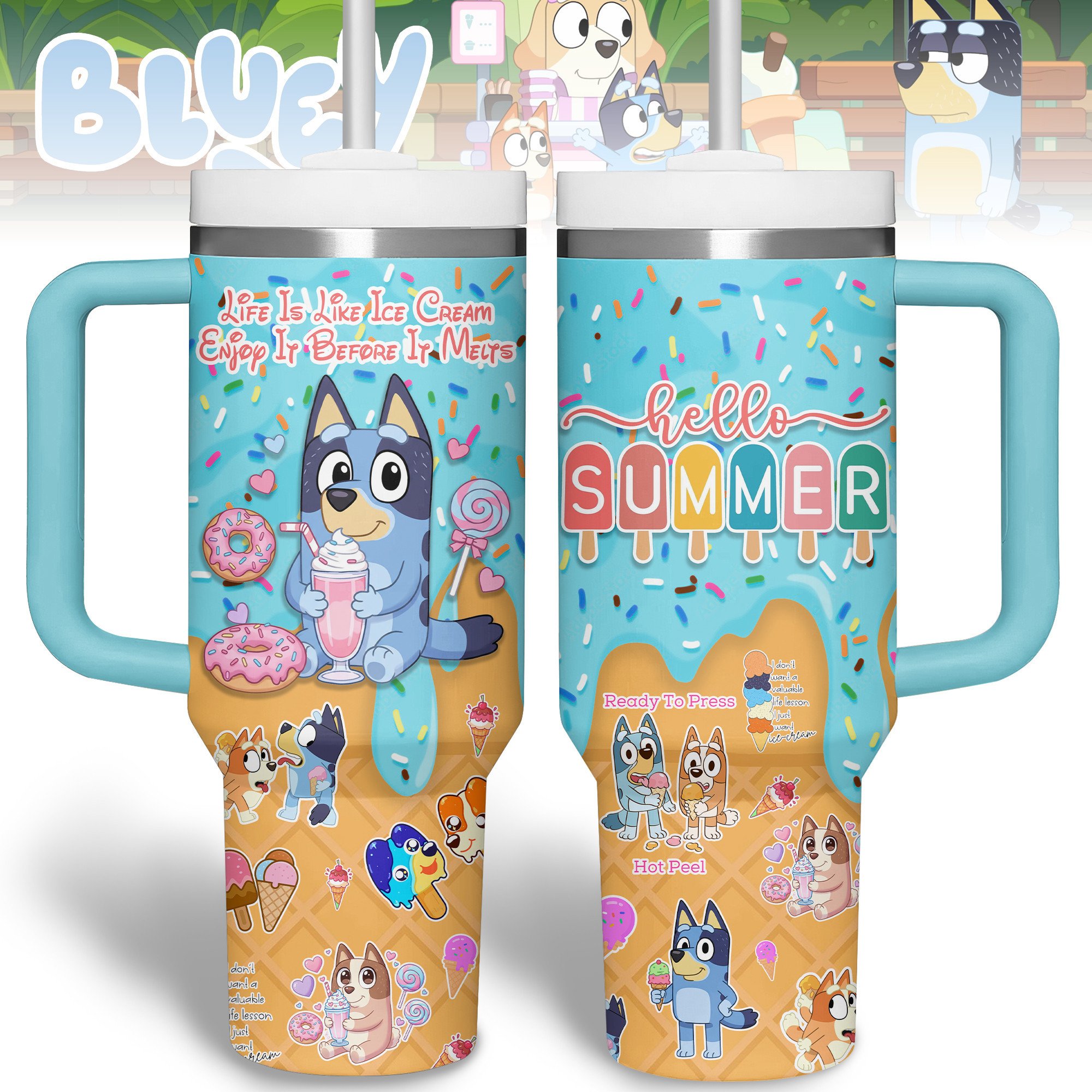 Hydratemerch Bluey Cartoon Custom Stanley Quencher 40oz Stainless Steel Tumbler With Handle