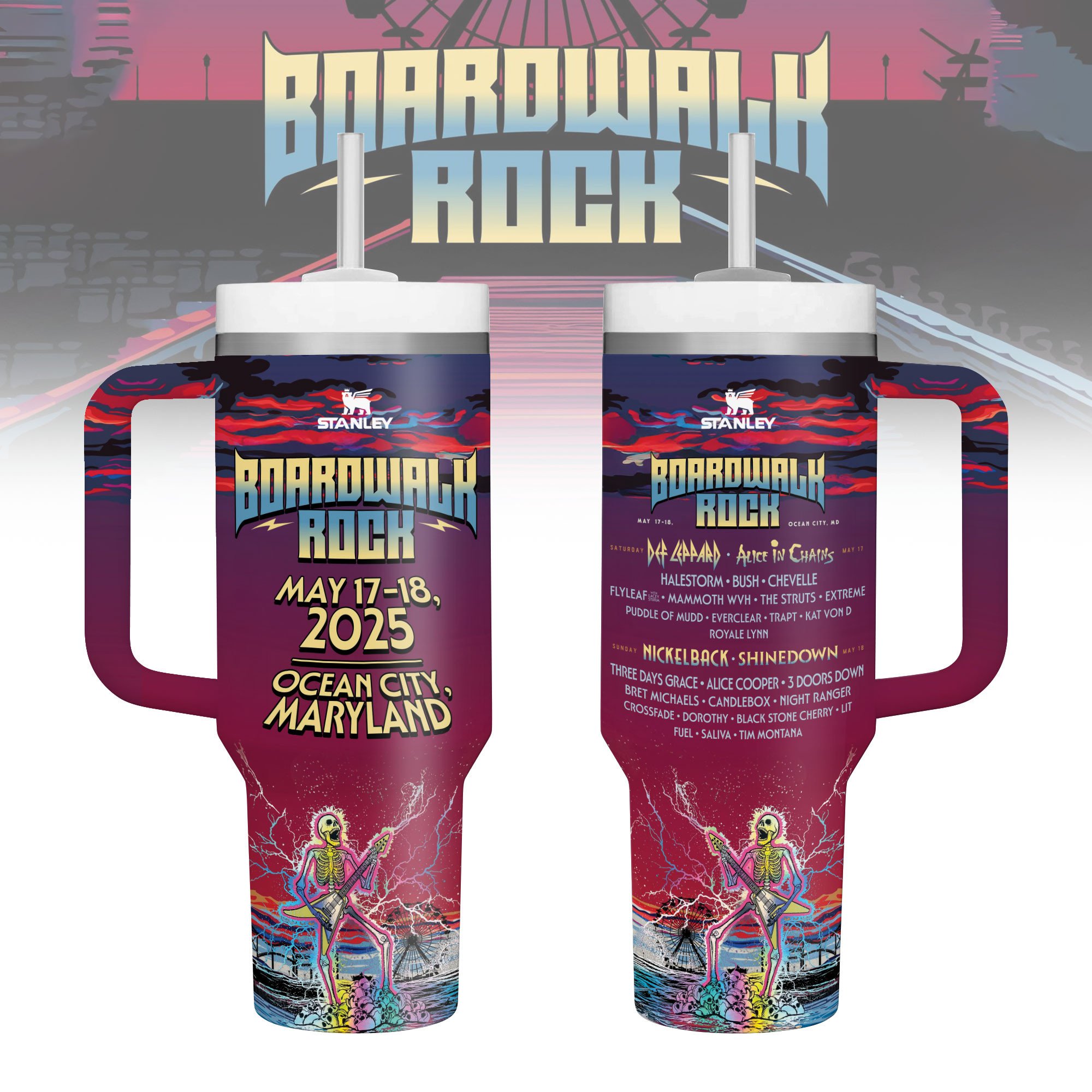 Hydratemerch Boardwalk Rock Music Custom Stanley Quencher 40oz Stainless Steel Tumbler With Handle
