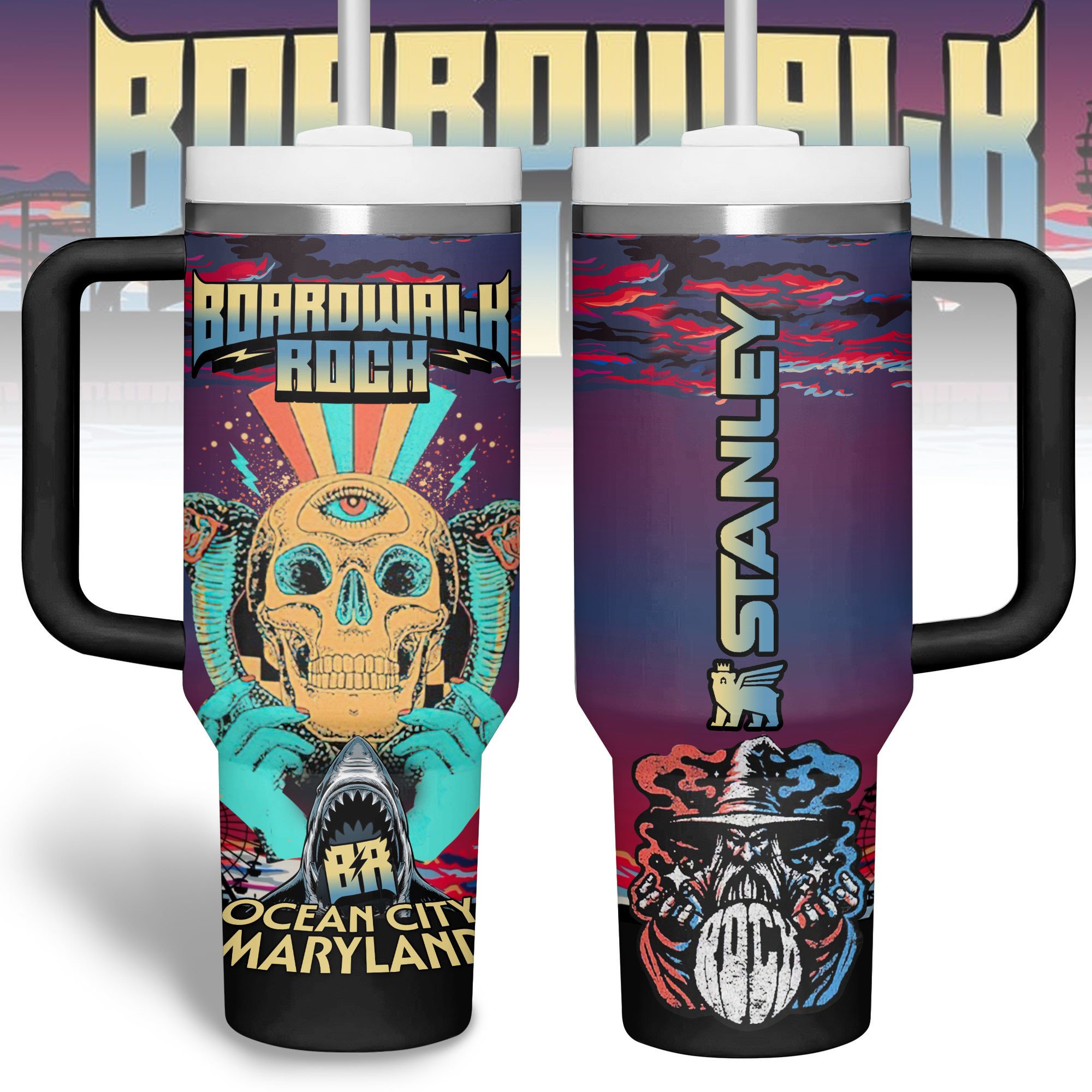 Hydratemerch Boardwalk Rock Music Custom Stanley Quencher 40oz Stainless Steel Tumbler With Handle