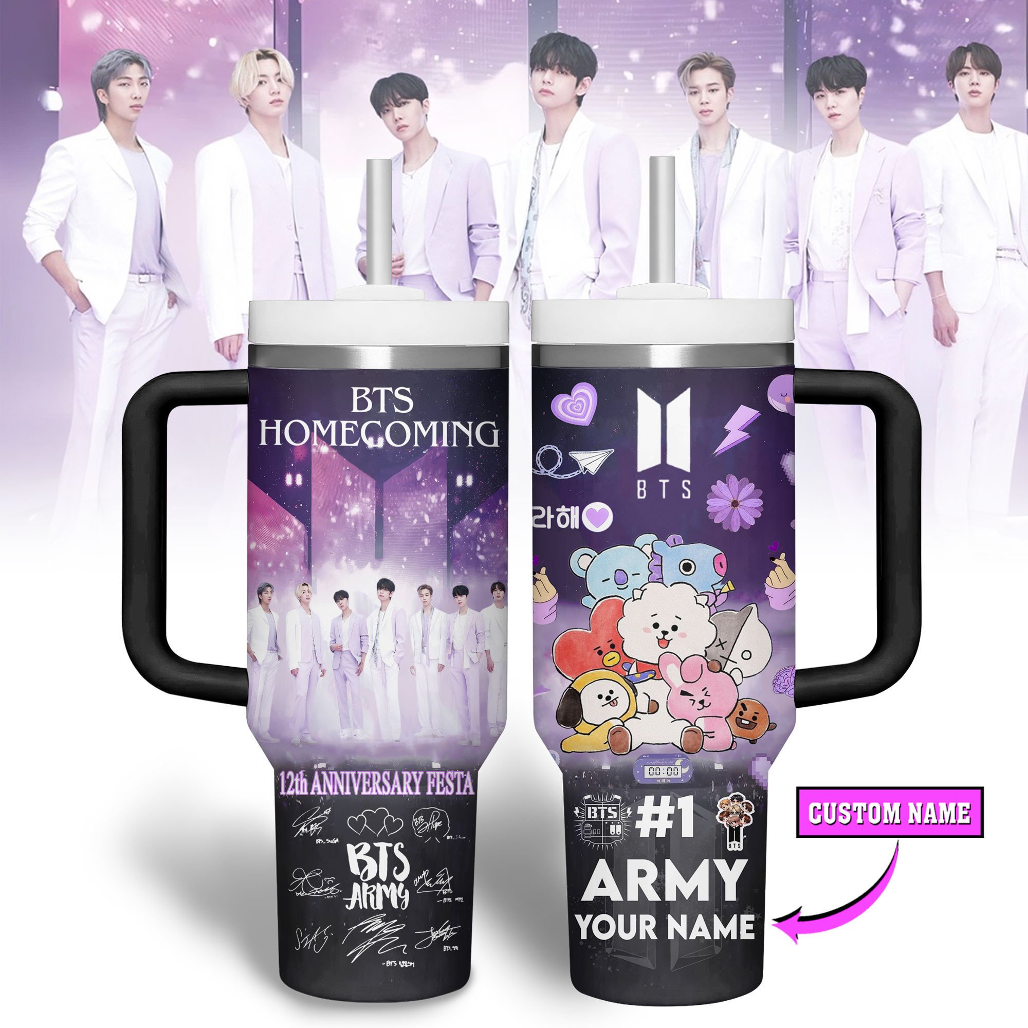 Hydratemerch BTS Music Custom Stanley Quencher 40oz Stainless Steel Tumbler With Handle