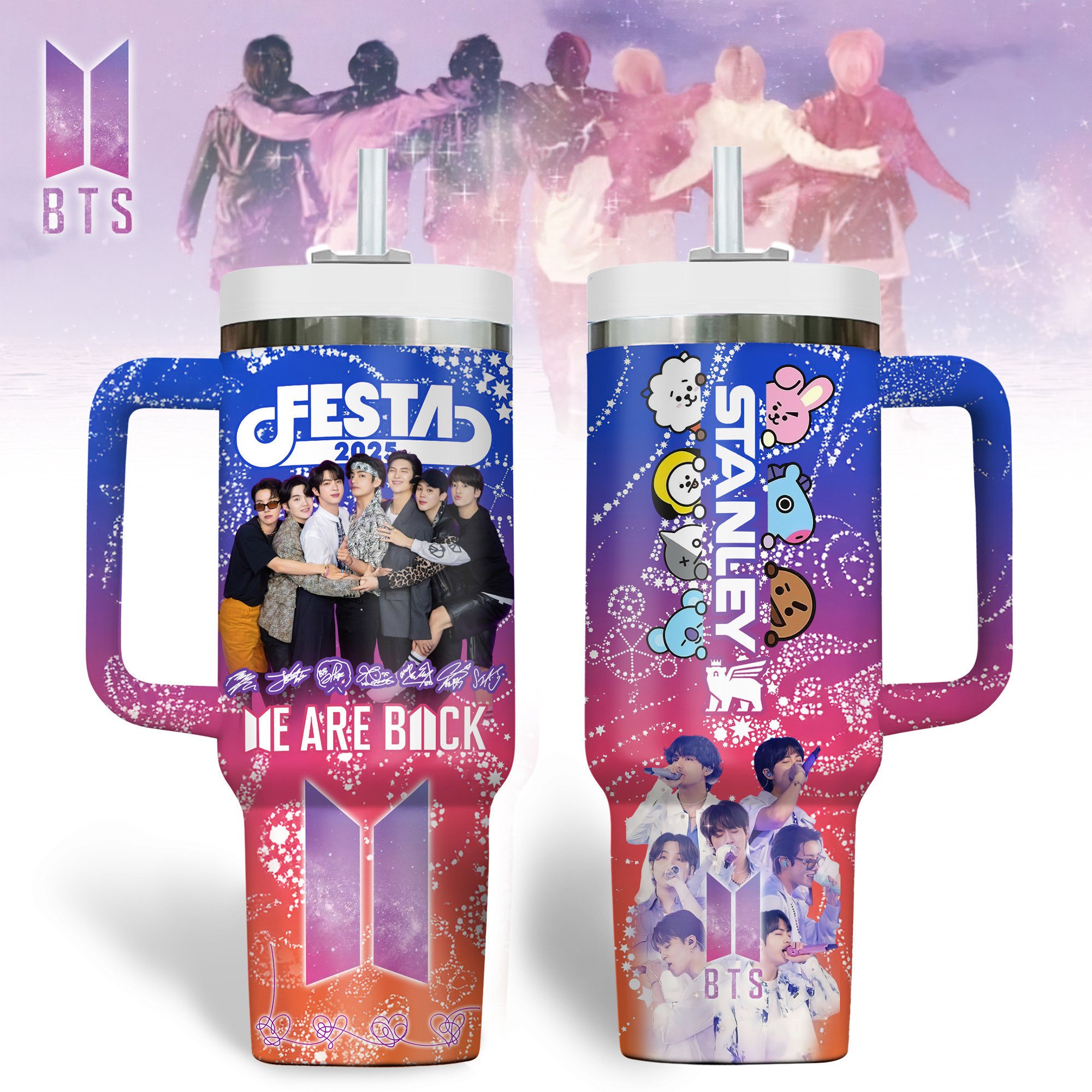 Hydratemerch BTS Music Custom Stanley Quencher 40oz Stainless Steel Tumbler With Handle