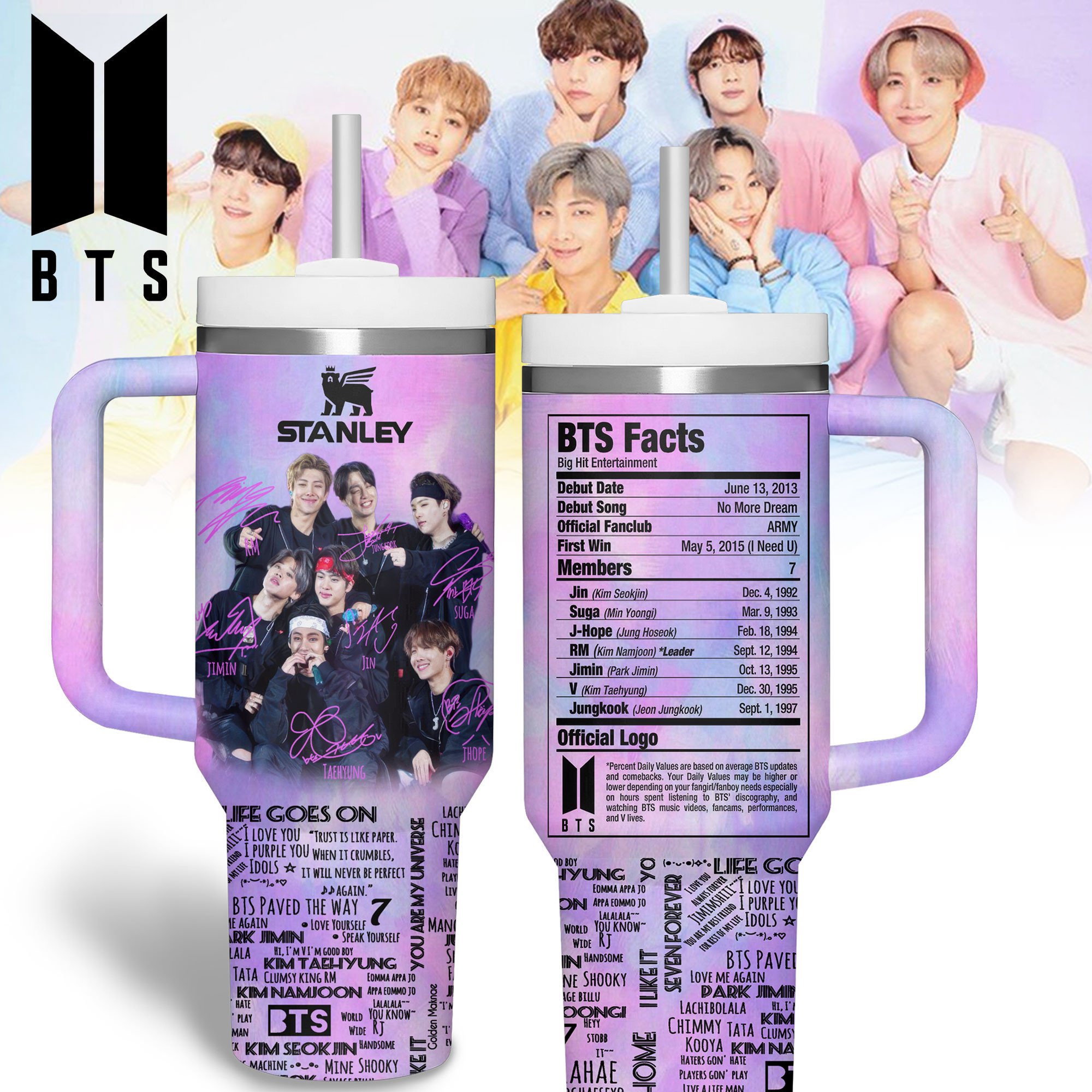 Hydratemerch BTS Music Custom Stanley Quencher 40oz Stainless Steel Tumbler With Handle