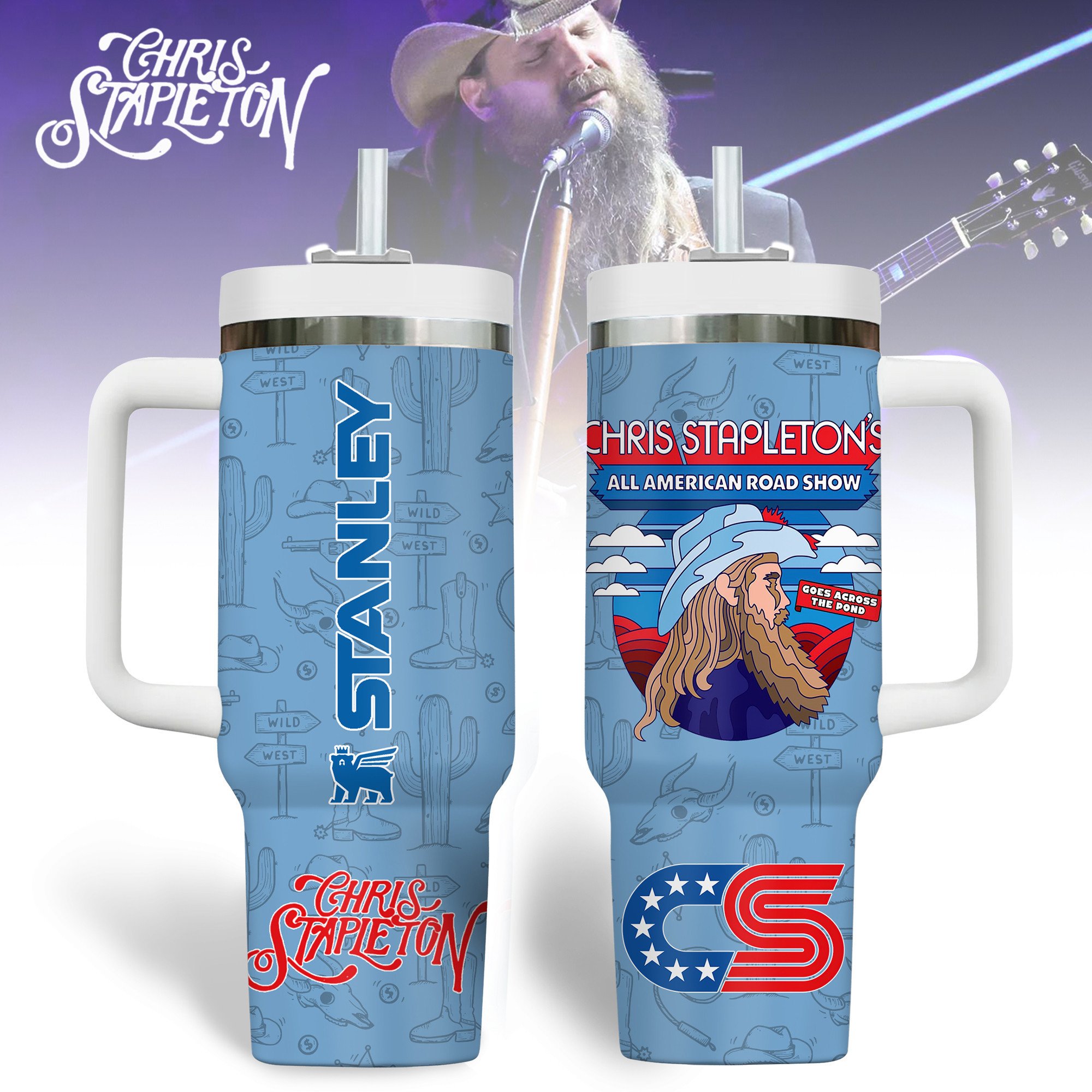 Hydratemerch Chris Stapleton Music Custom Stanley Quencher 40oz Stainless Steel Tumbler With Handle