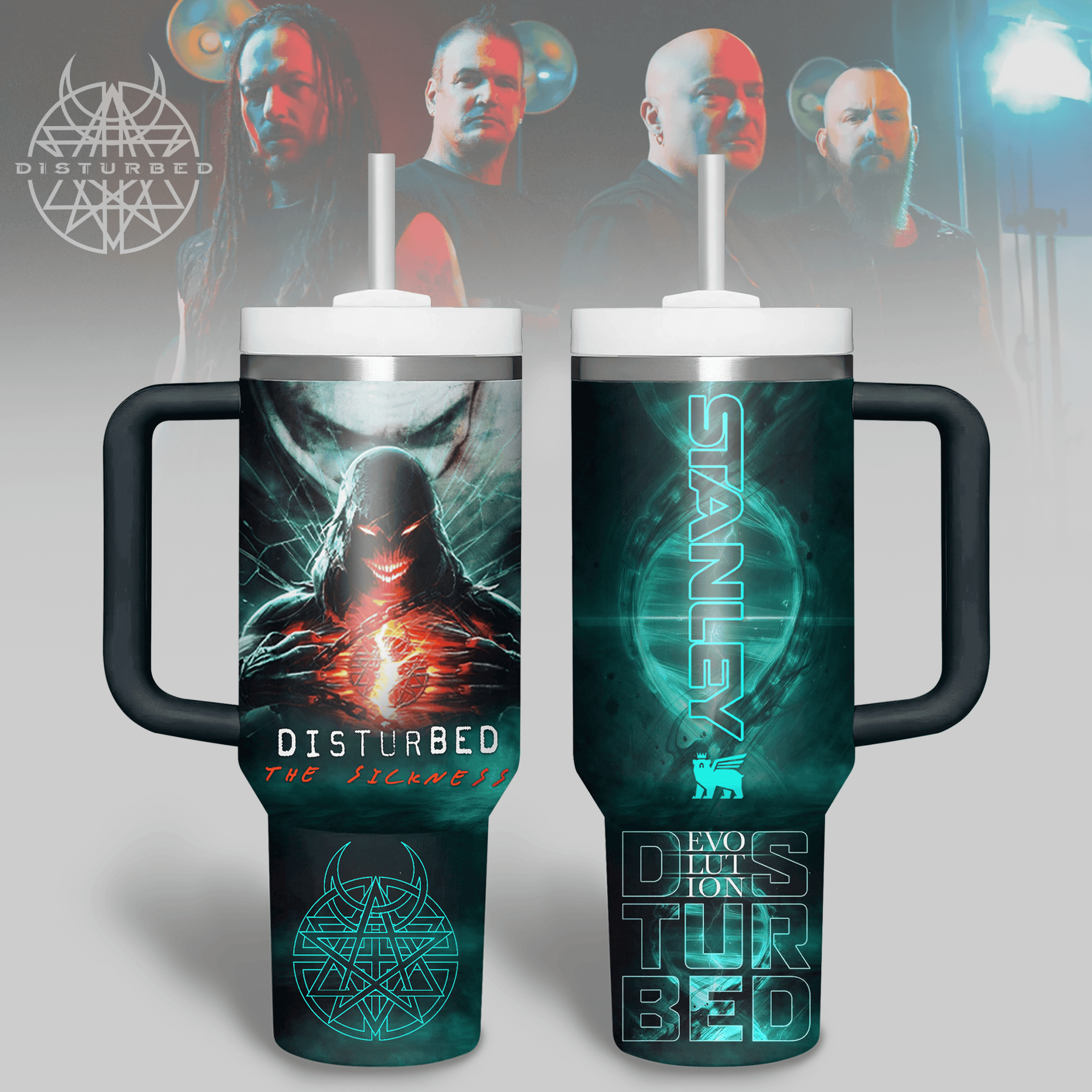 Hydratemerch Disturbed Music Custom Stanley Quencher 40oz Stainless Steel Tumbler With Handle