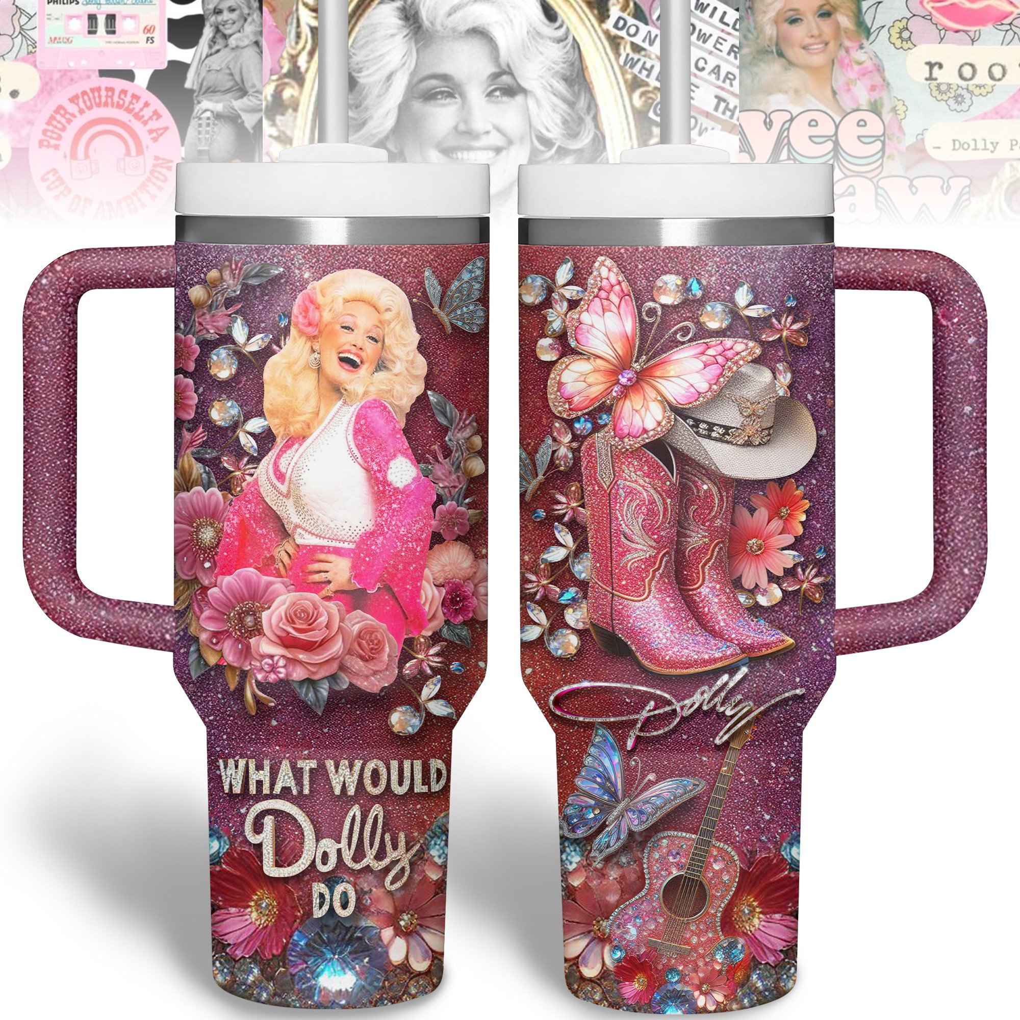 Hydratemerch Dolly Parton Music Custom Stanley Quencher 40oz Stainless Steel Tumbler With Handle