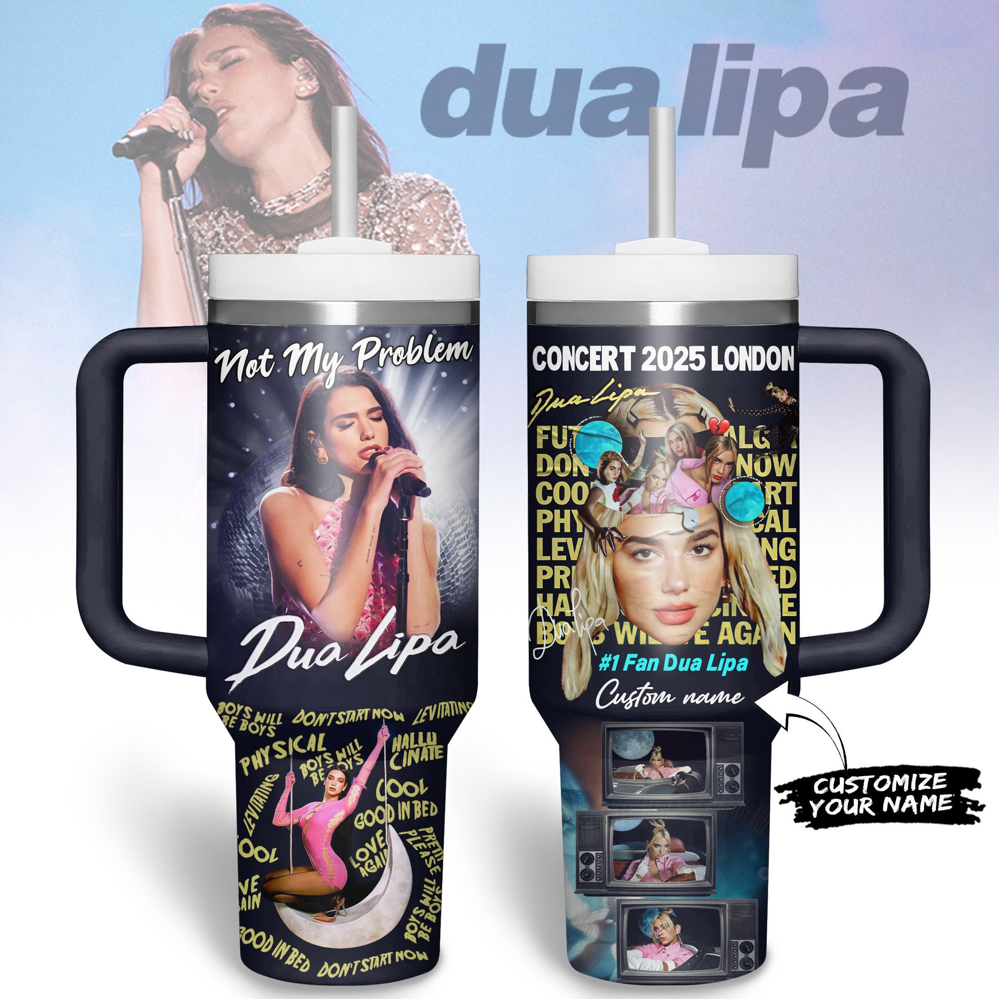 Hydratemerch Dua Lipa Music Custom Stanley Quencher 40oz Stainless Steel Tumbler With Handle