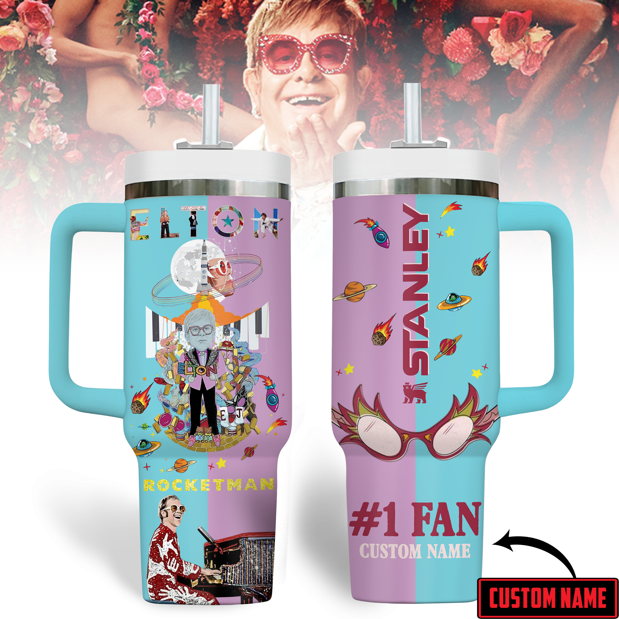 Hydratemerch Elton John Music Custom Stanley Quencher 40oz Stainless Steel Tumbler With Handle