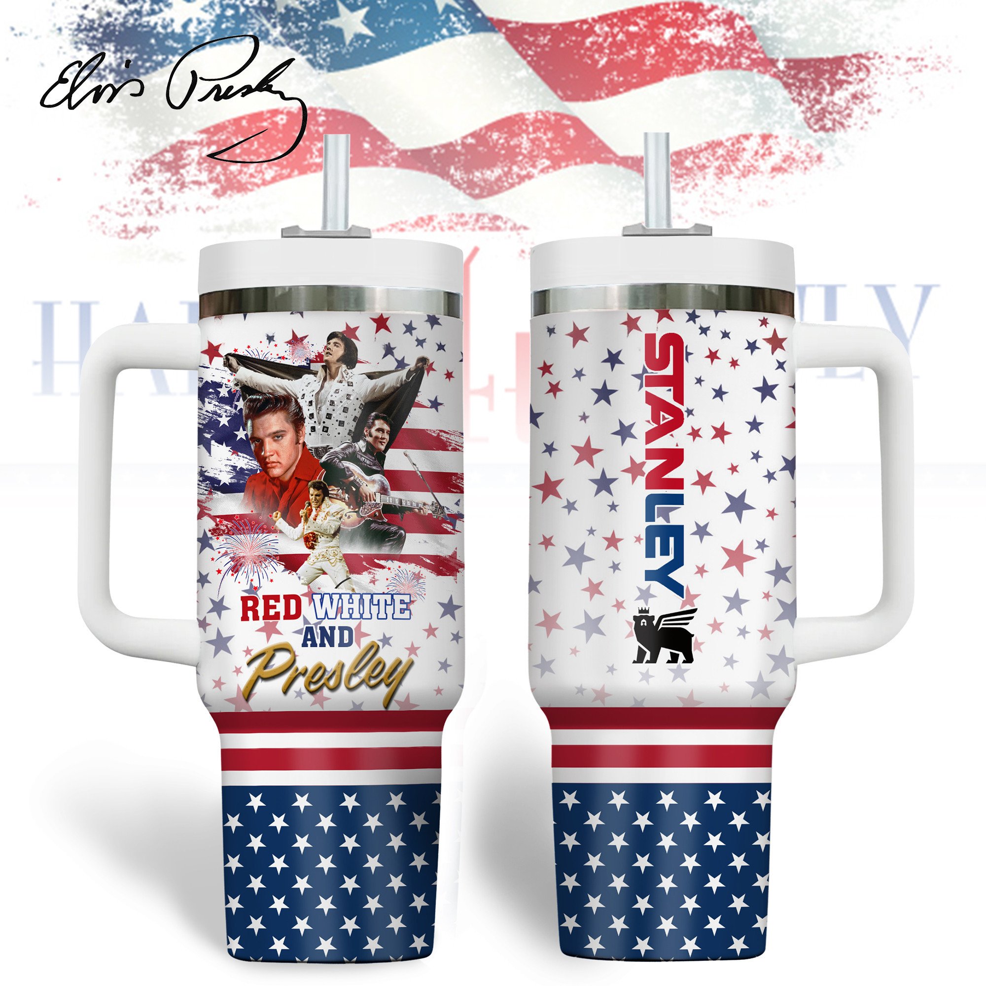 Hydratemerch Elvis Presley Music Custom Stanley Quencher 40oz Stainless Steel Tumbler With Handle