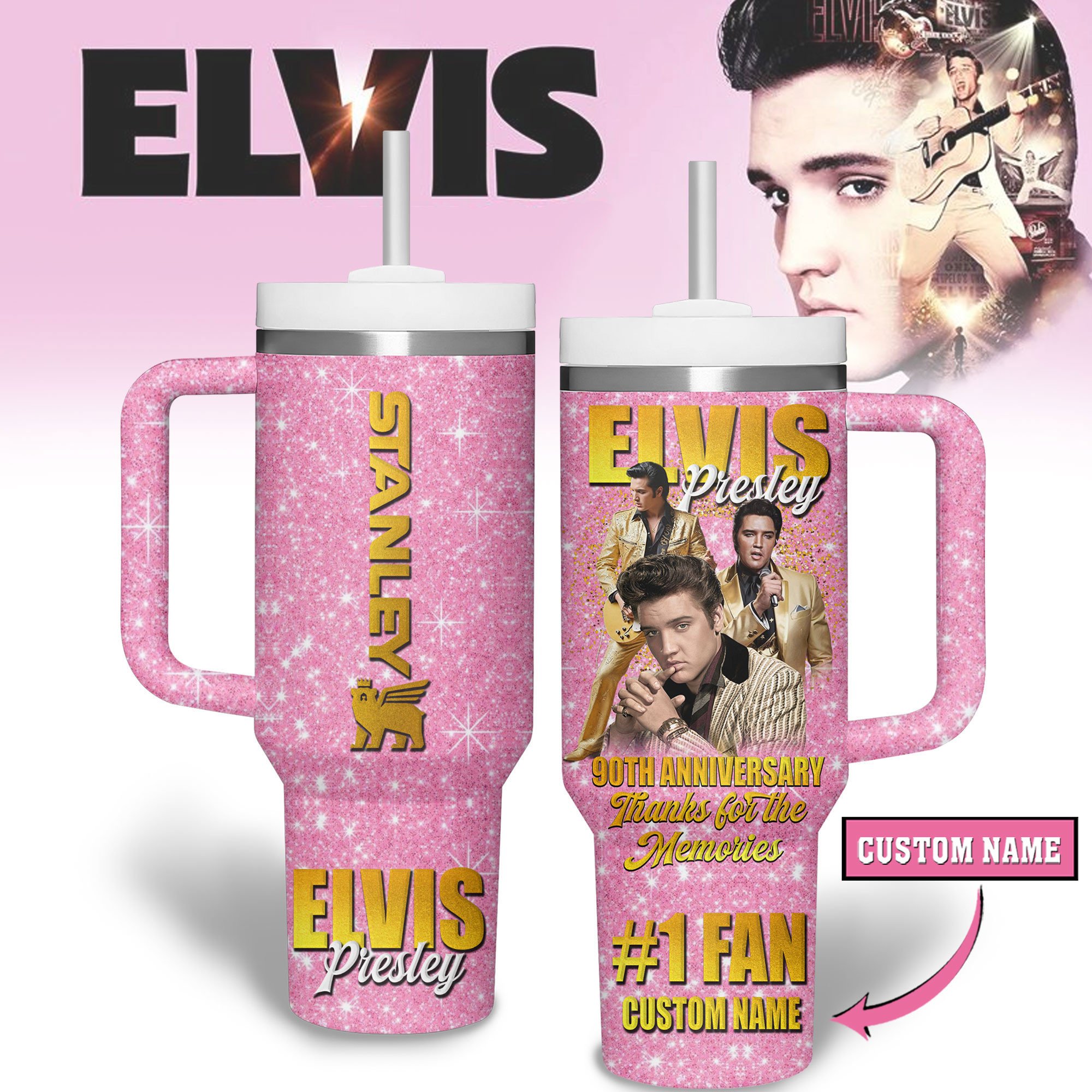 Hydratemerch Elvis Presley Music Custom Stanley Quencher 40oz Stainless Steel Tumbler With Handle