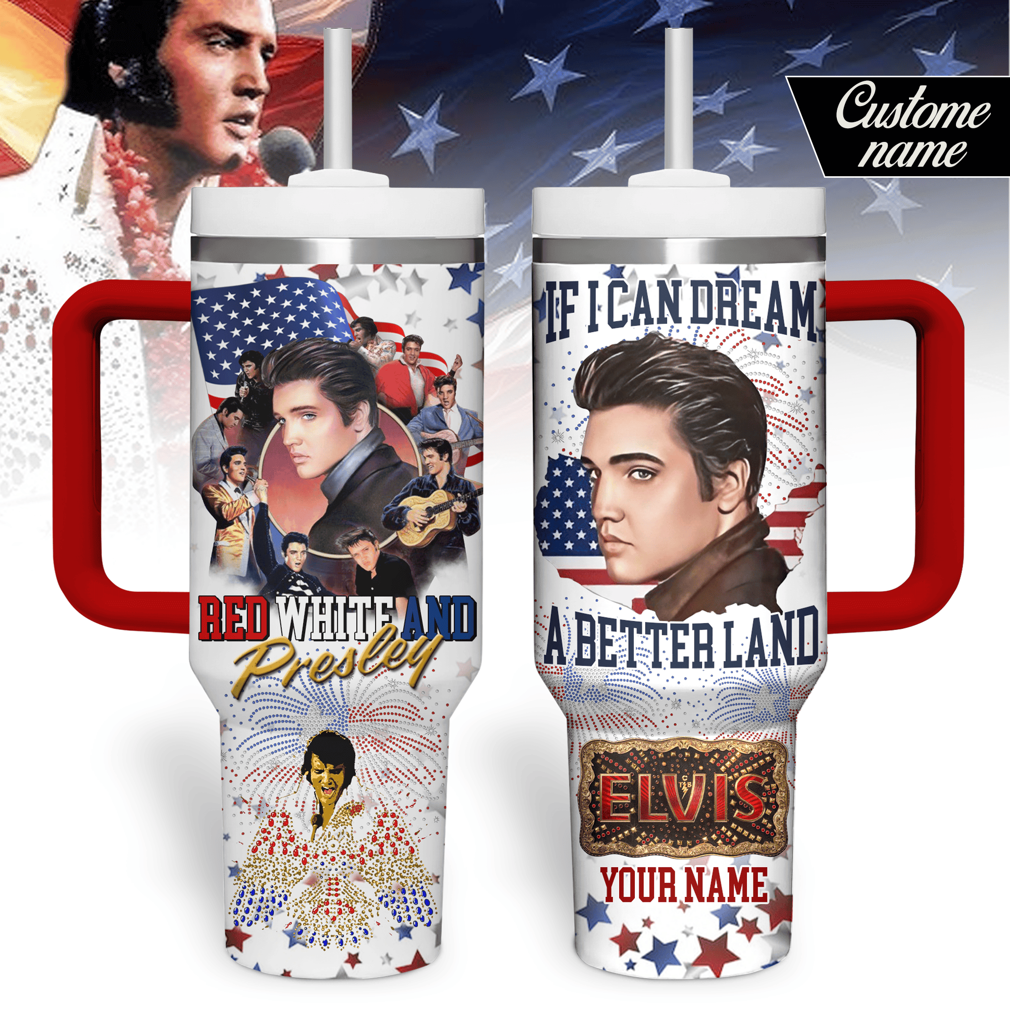 Hydratemerch Elvis Presley Music Custom Stanley Quencher 40oz Stainless Steel Tumbler With Handle