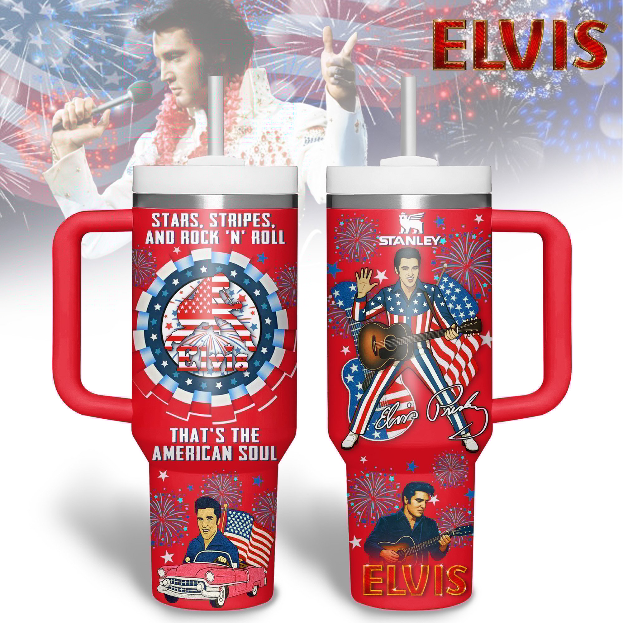 Hydratemerch Elvis Presley Music Custom Stanley Quencher 40oz Stainless Steel Tumbler With Handle